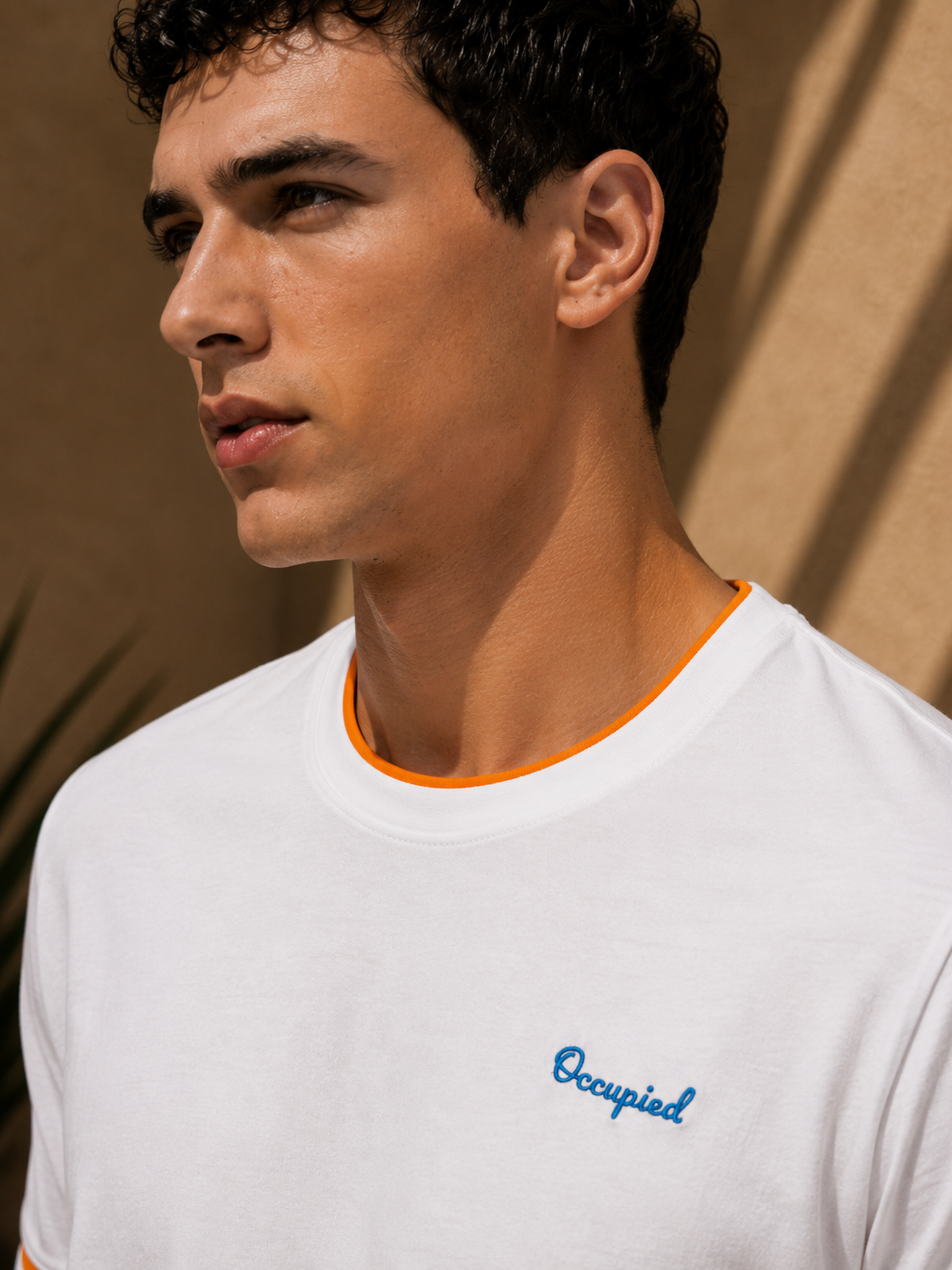 Mens Crew Neck Half Sleeve T-Shirt with Chest Print, Cuff, and Rib Detailing White