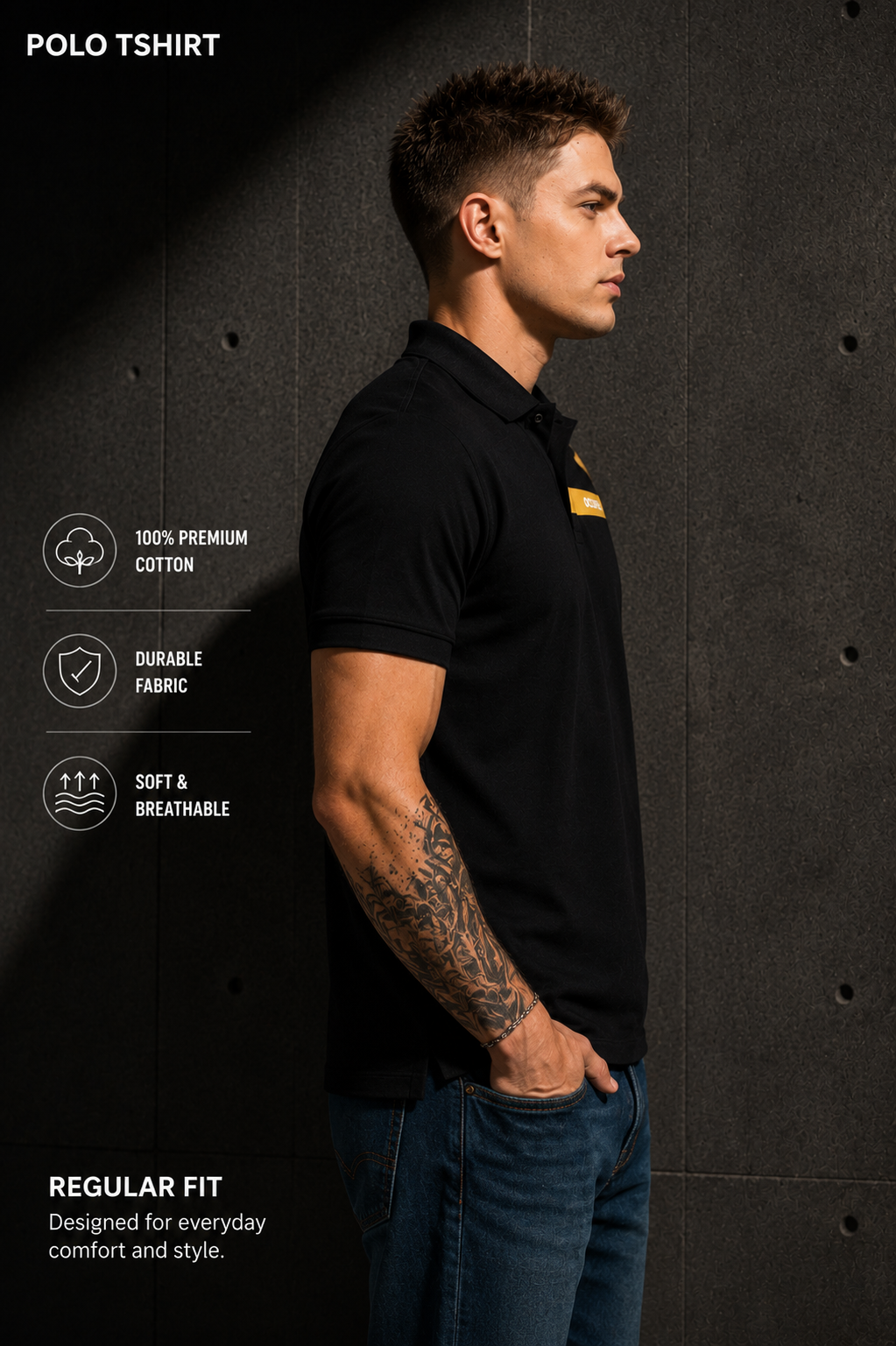 Mens Polo Neck Half Sleeve T-Shirt with Open Placket & HD Badge Black