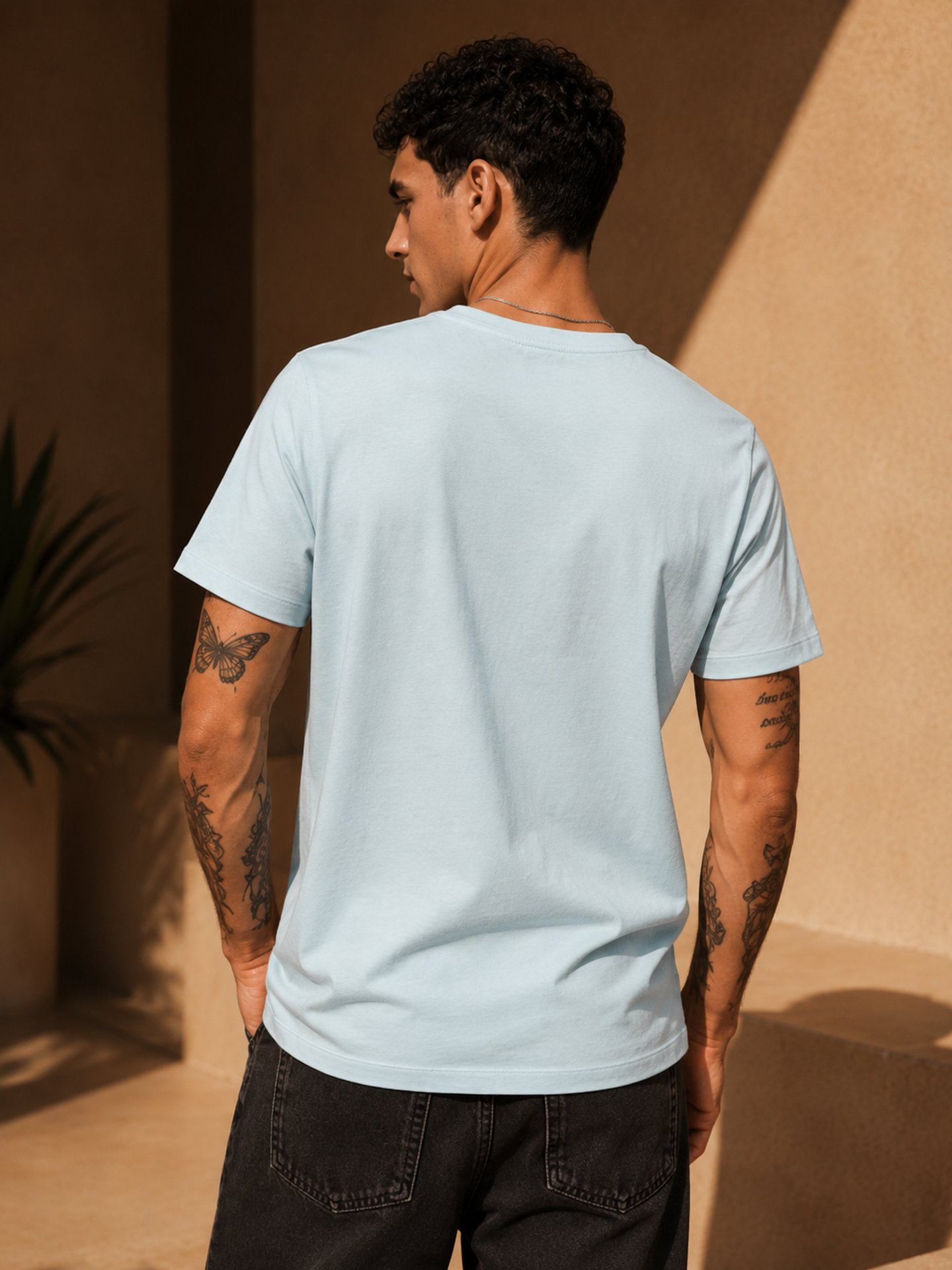 Mens Crew Neck Half Sleeve T-Shirt with  Chest Print Light Blue