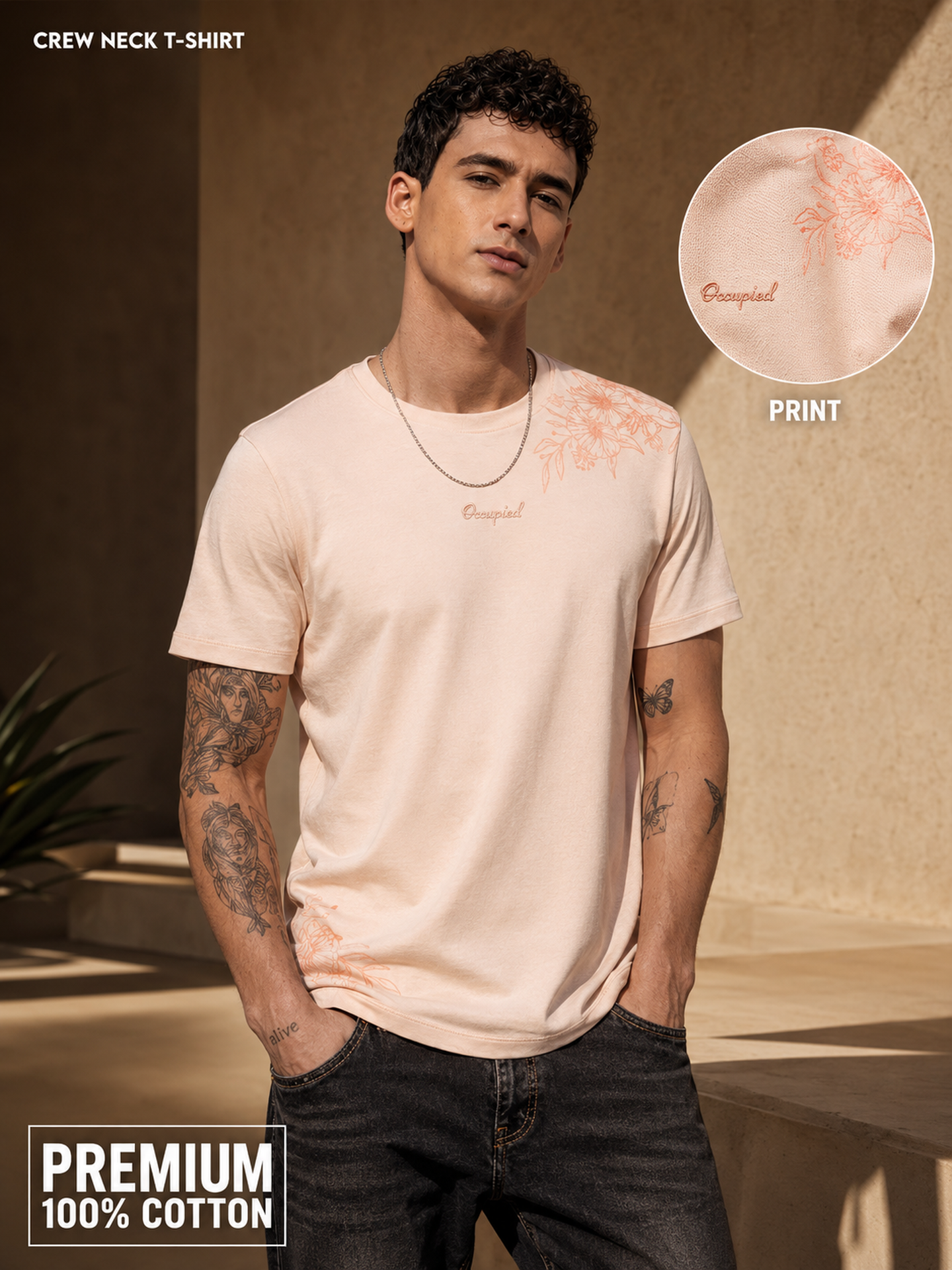 Mens Crew Neck Half Sleeve T-Shirt with Flock Chest Print Pink