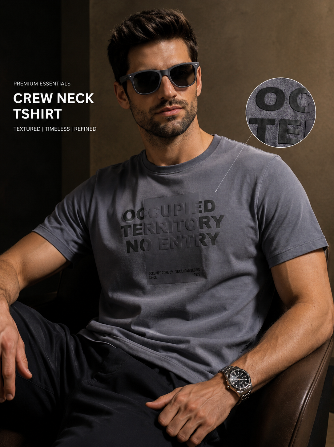 Mens Crew Neck Half Sleeve T-Shirt with Chest Print & Puff Effect Stone Blue