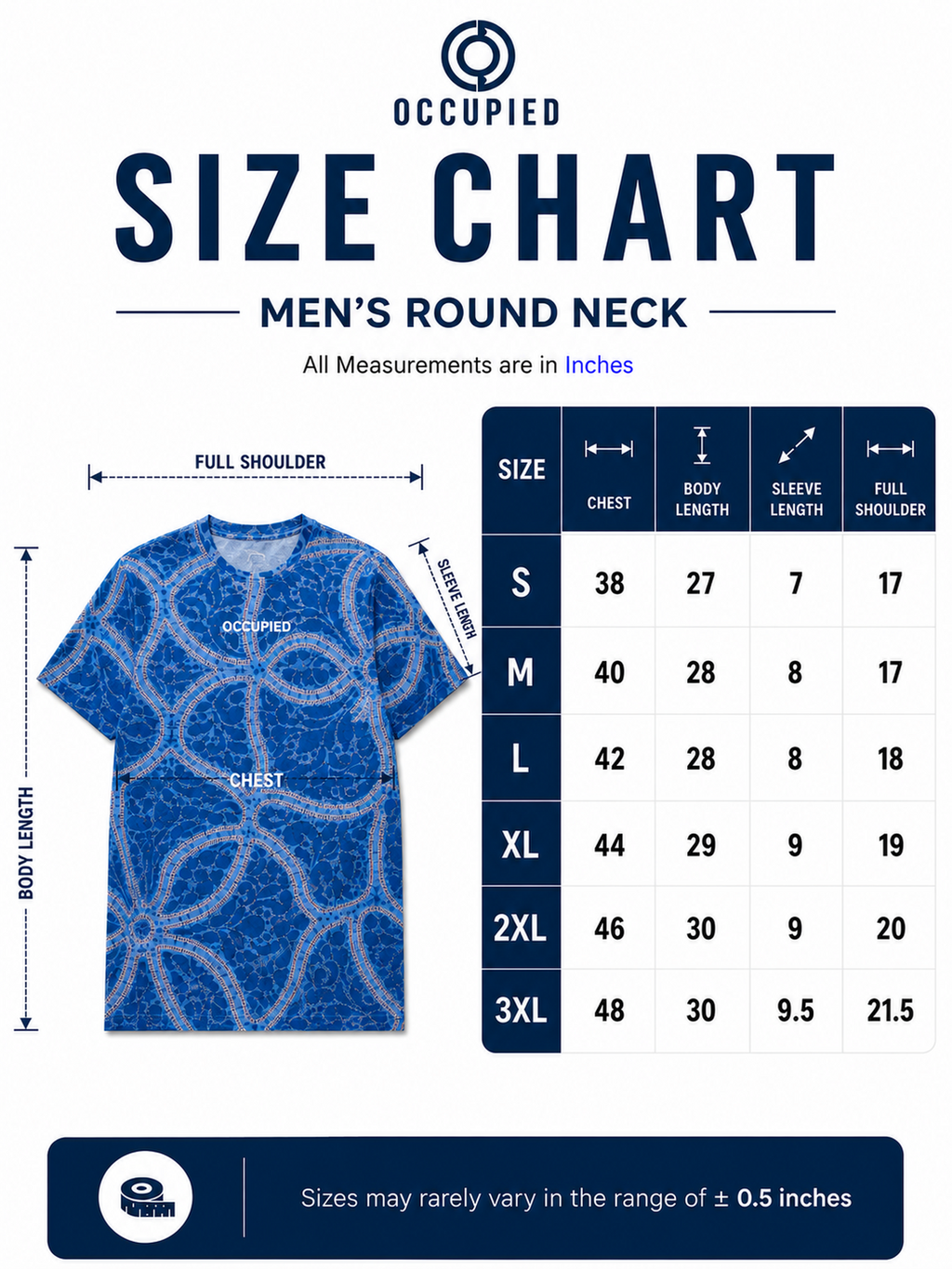 Mens Crew Neck Half Sleeve T-Shirt with Chest Print Blue