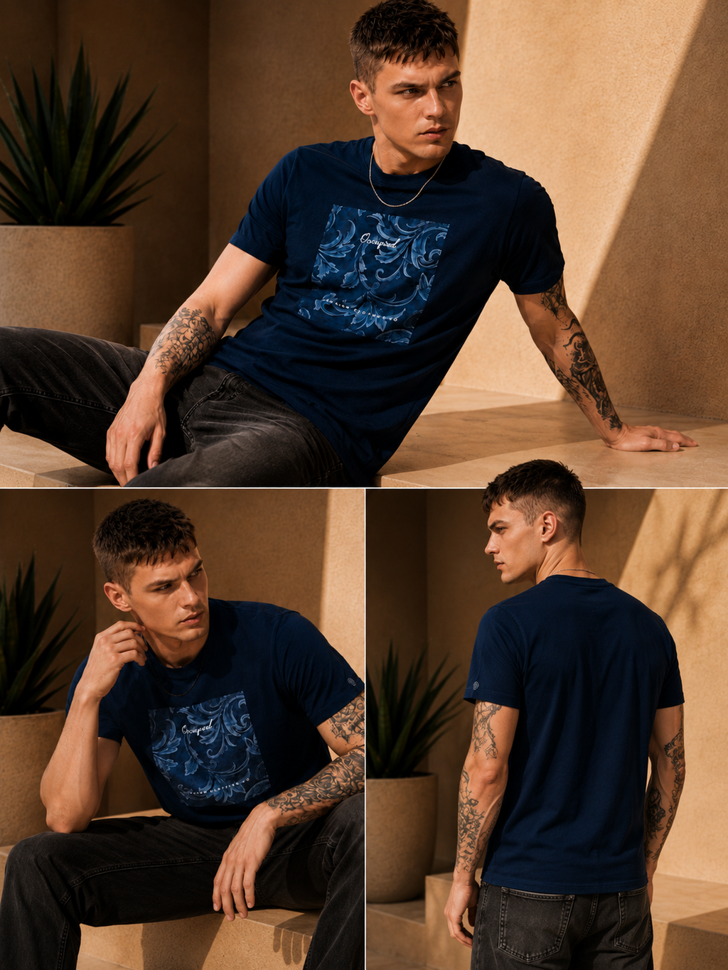 Mens Crew Neck Half Sleeve T-Shirt with  Chest Print Navy Blue