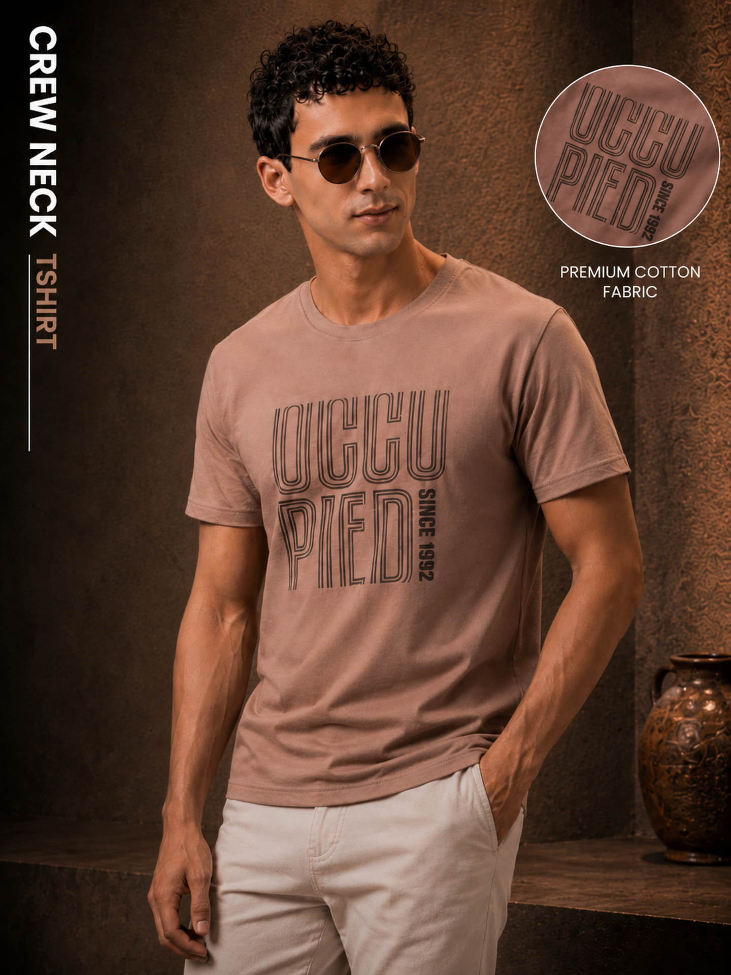 Mens Crew Neck Half Sleeve T-Shirt with Chest Print Brown