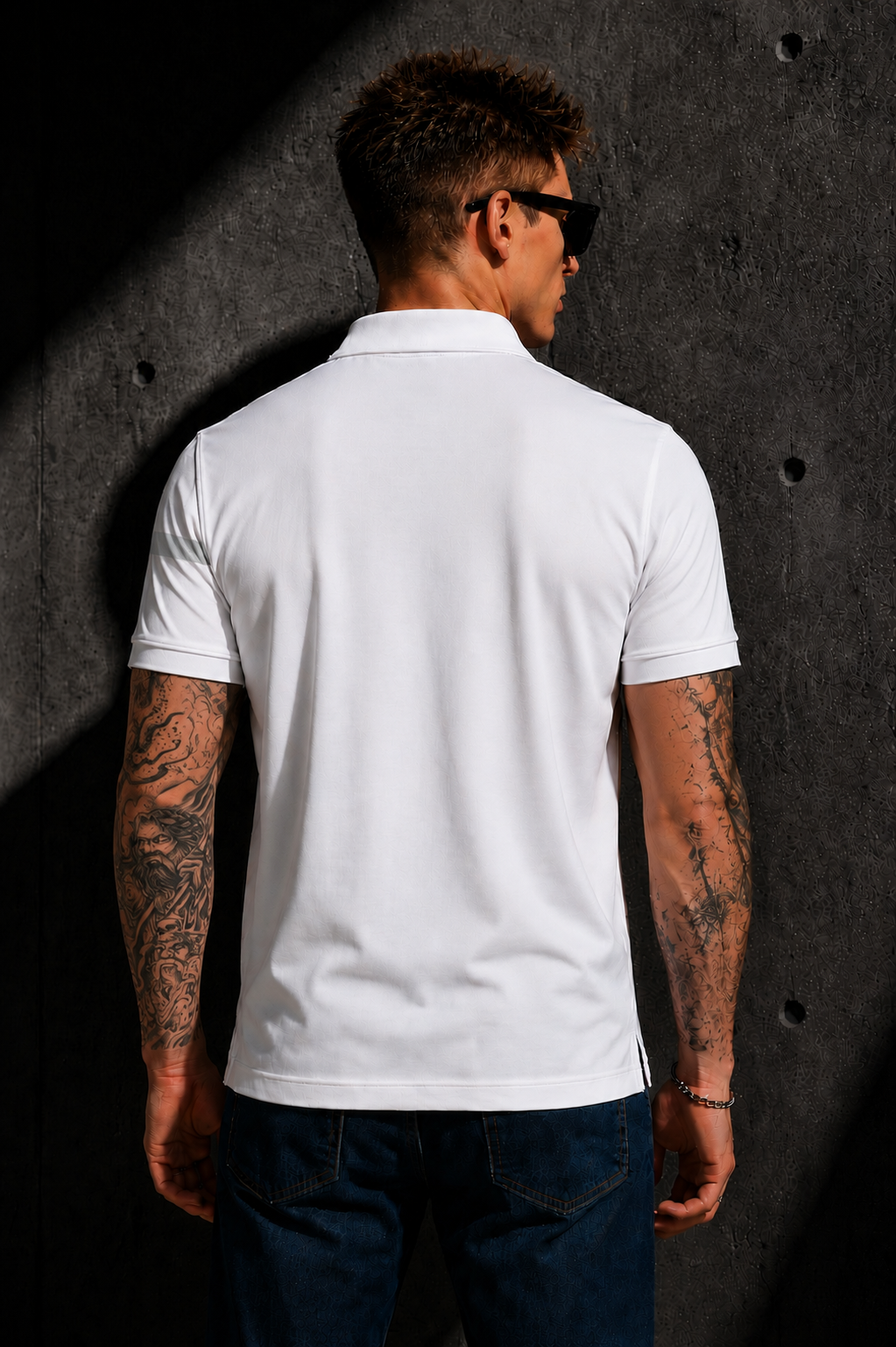 Mens Polo Neck Half Sleeve T-Shirt with Open Placket & HD Badge White