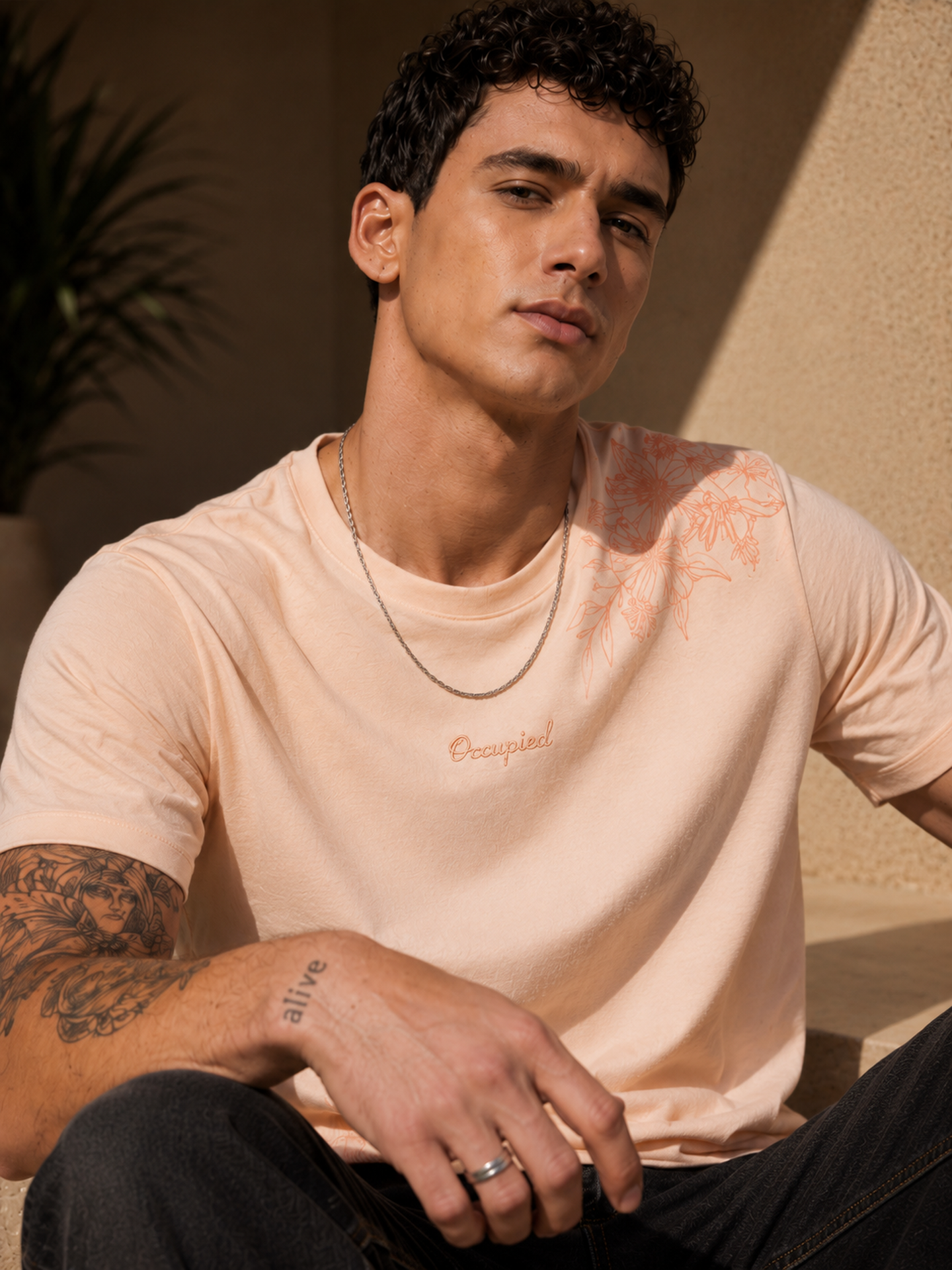 Mens Crew Neck Half Sleeve T-Shirt with Flock Chest Print Pink