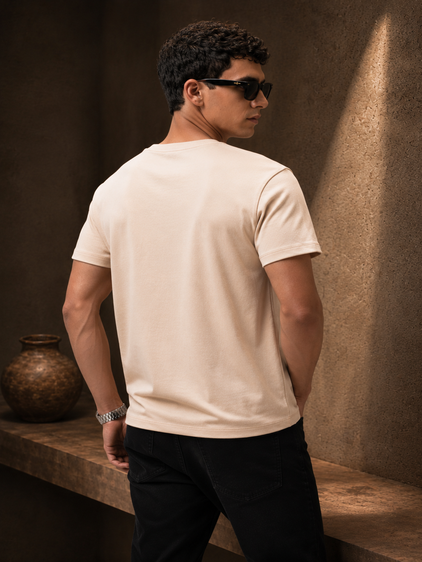 Mens Crew Neck Half Sleeve T-Shirt with Chest Print & Woven Badge Off White