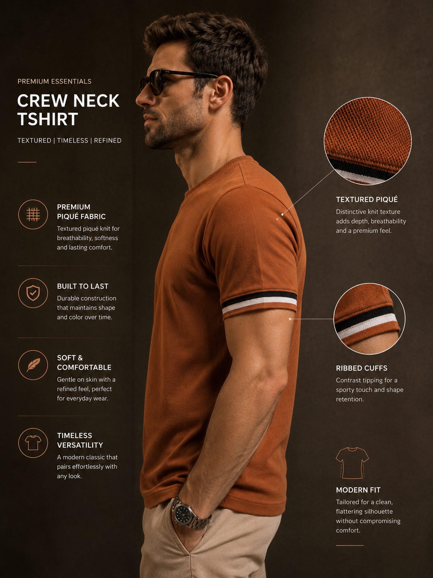 Mens Crew Neck Half Sleeve Solid T-Shirt with Contrast Cuff & Rib Brown