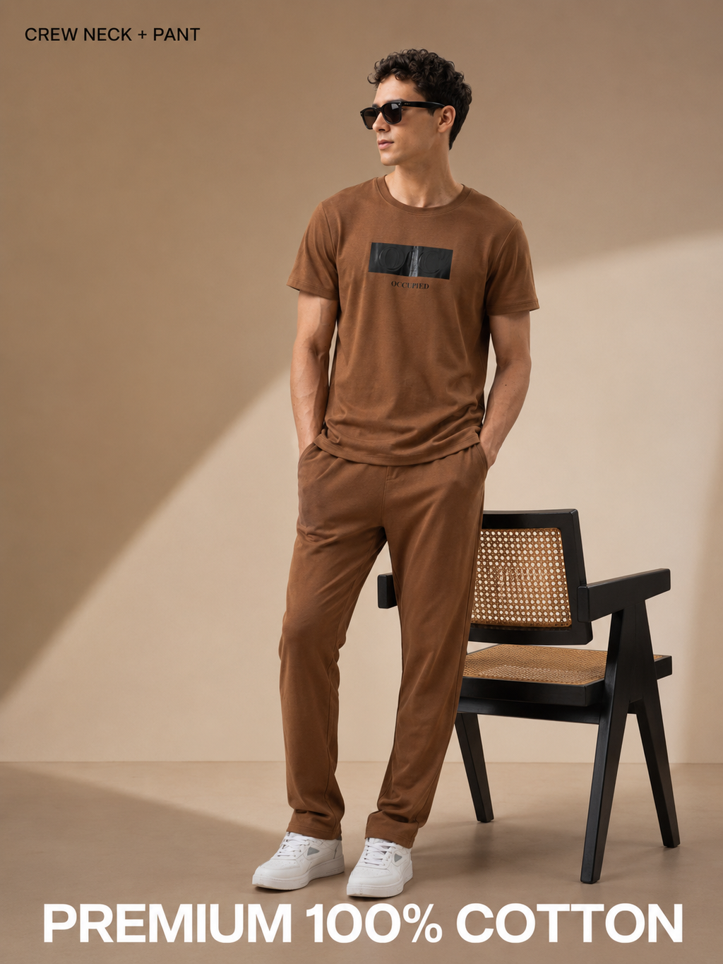 Mens Co-Ords Set with Puff Chest Print Brown