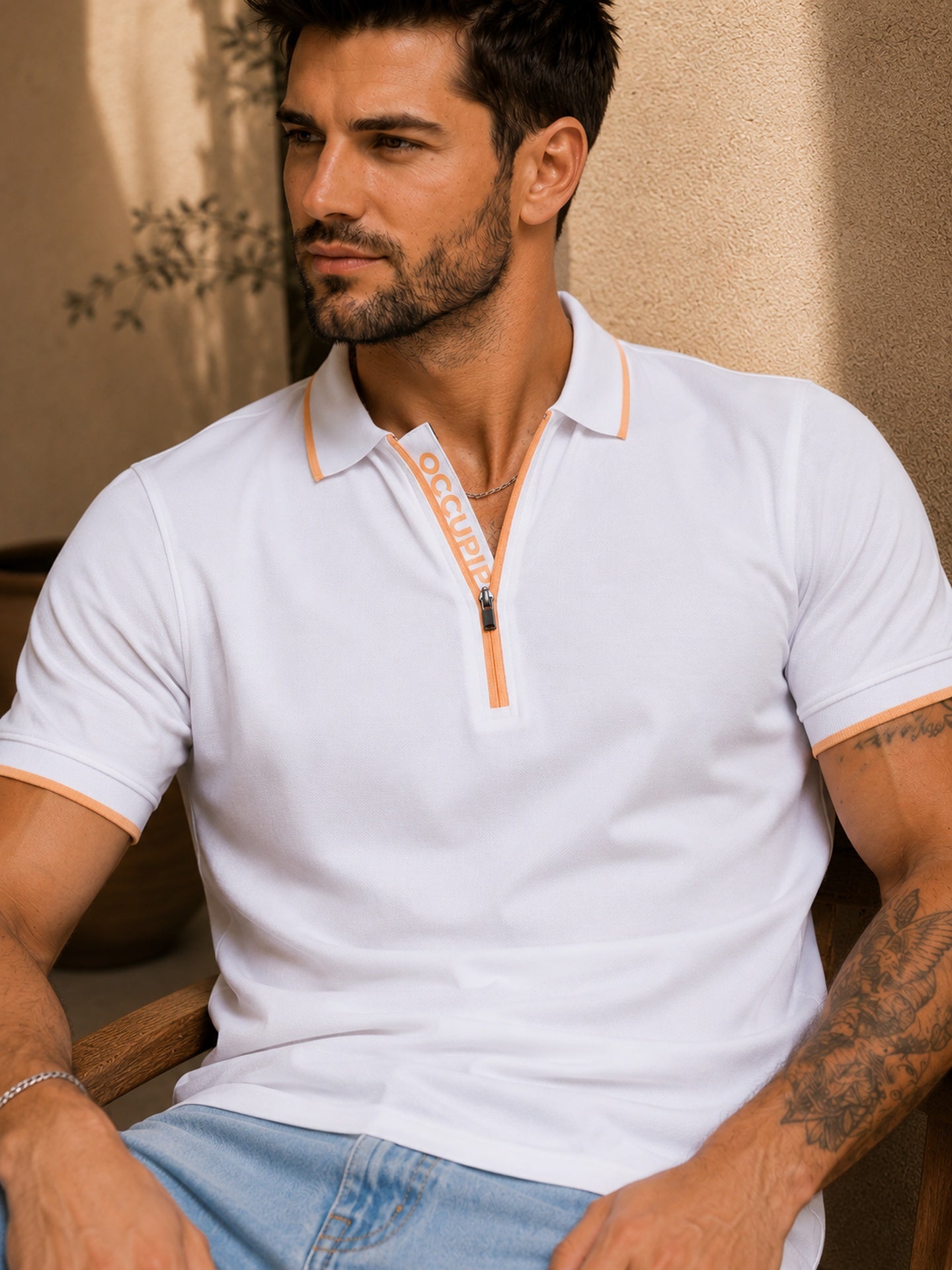 Mens Polo Neck Half Sleeve T-Shirt with Contrast Placket Print & Zipper White