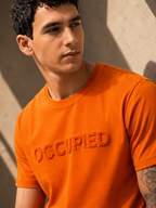 Mens Crew Neck Half Sleeve T-Shirt with Chenille Embroidery Orange