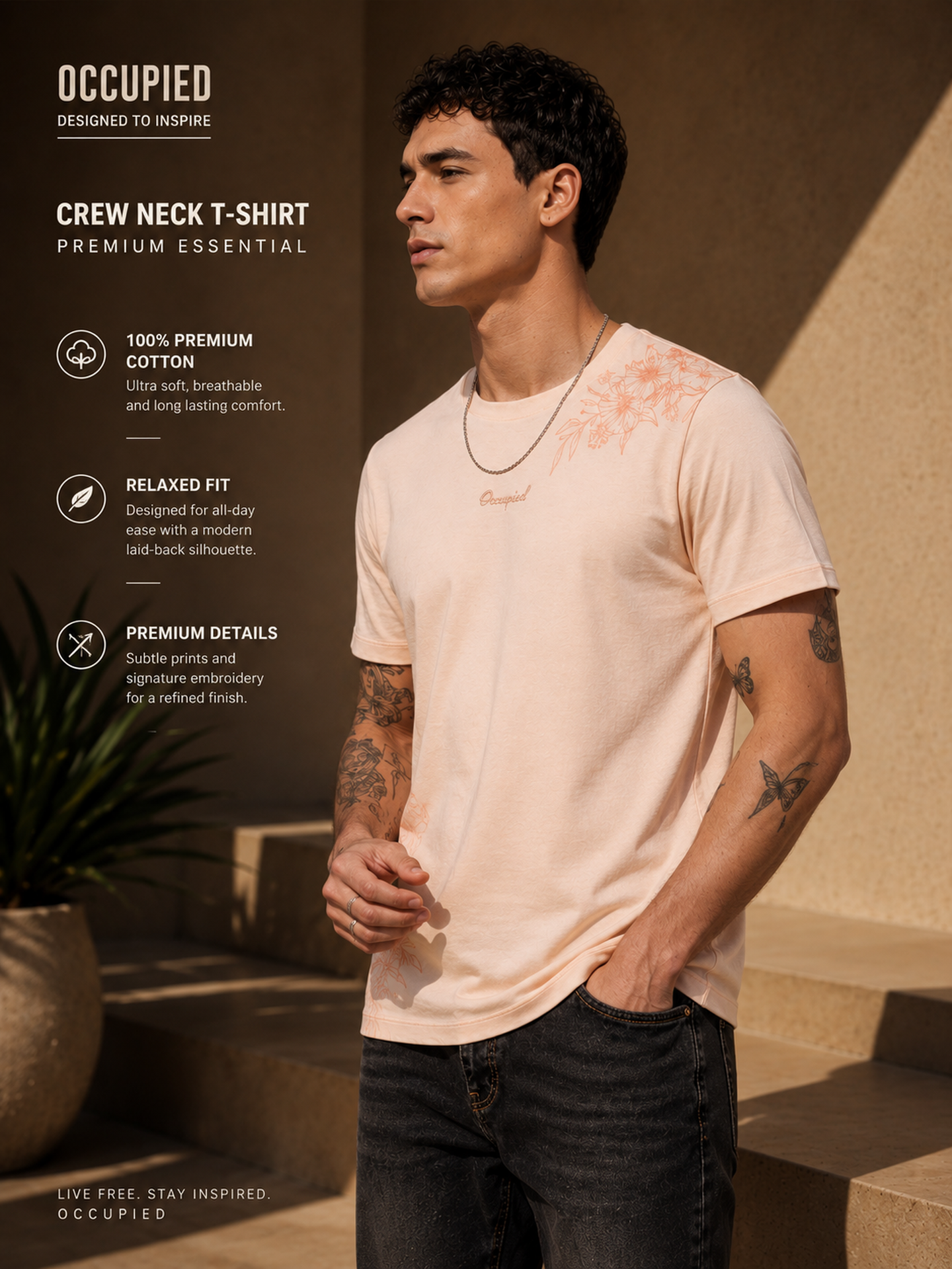 Mens Crew Neck Half Sleeve T-Shirt with Flock Chest Print Pink