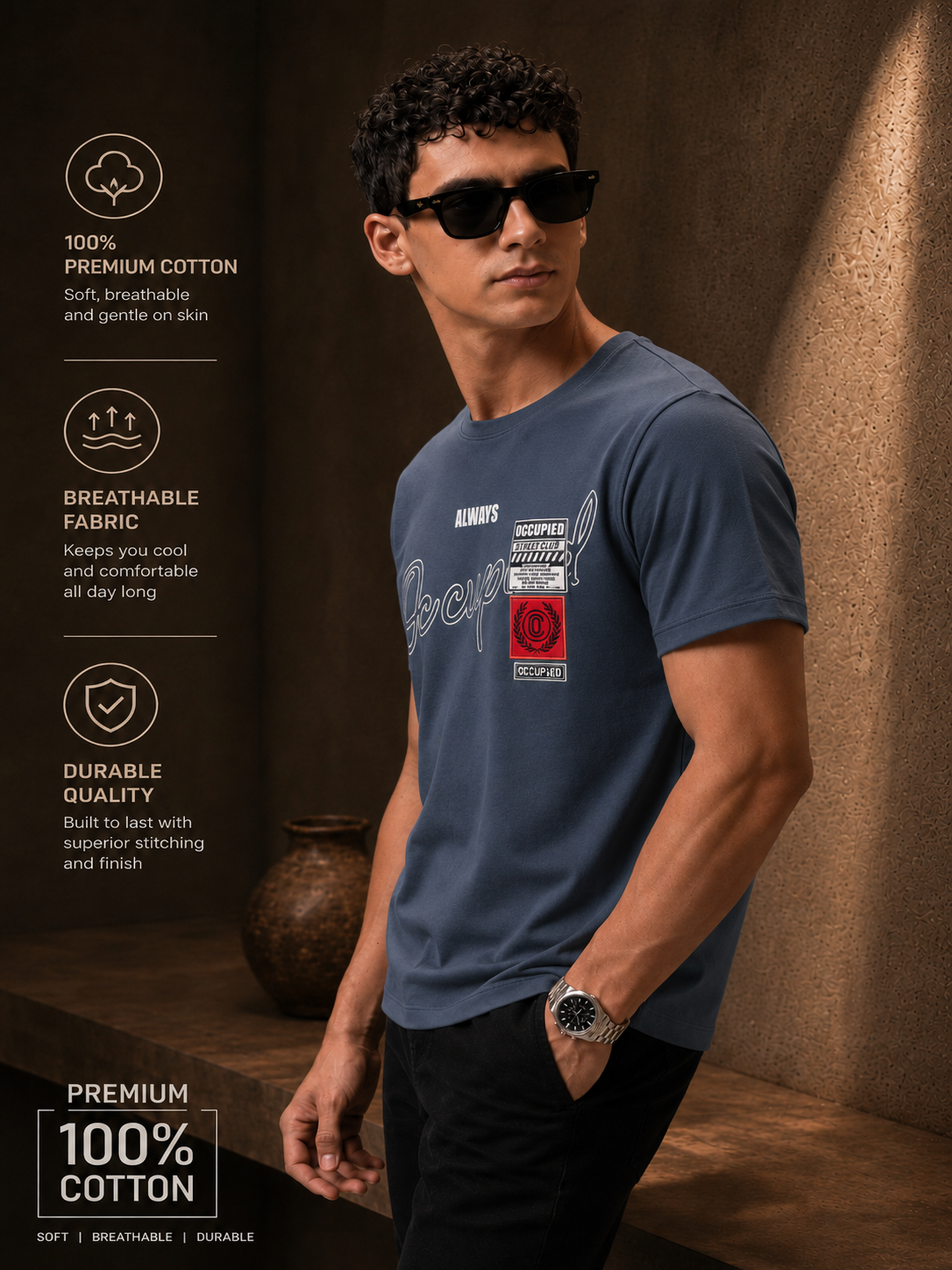 Mens Crew Neck Half Sleeve T-Shirt with Chest Print & Woven Badge Grey