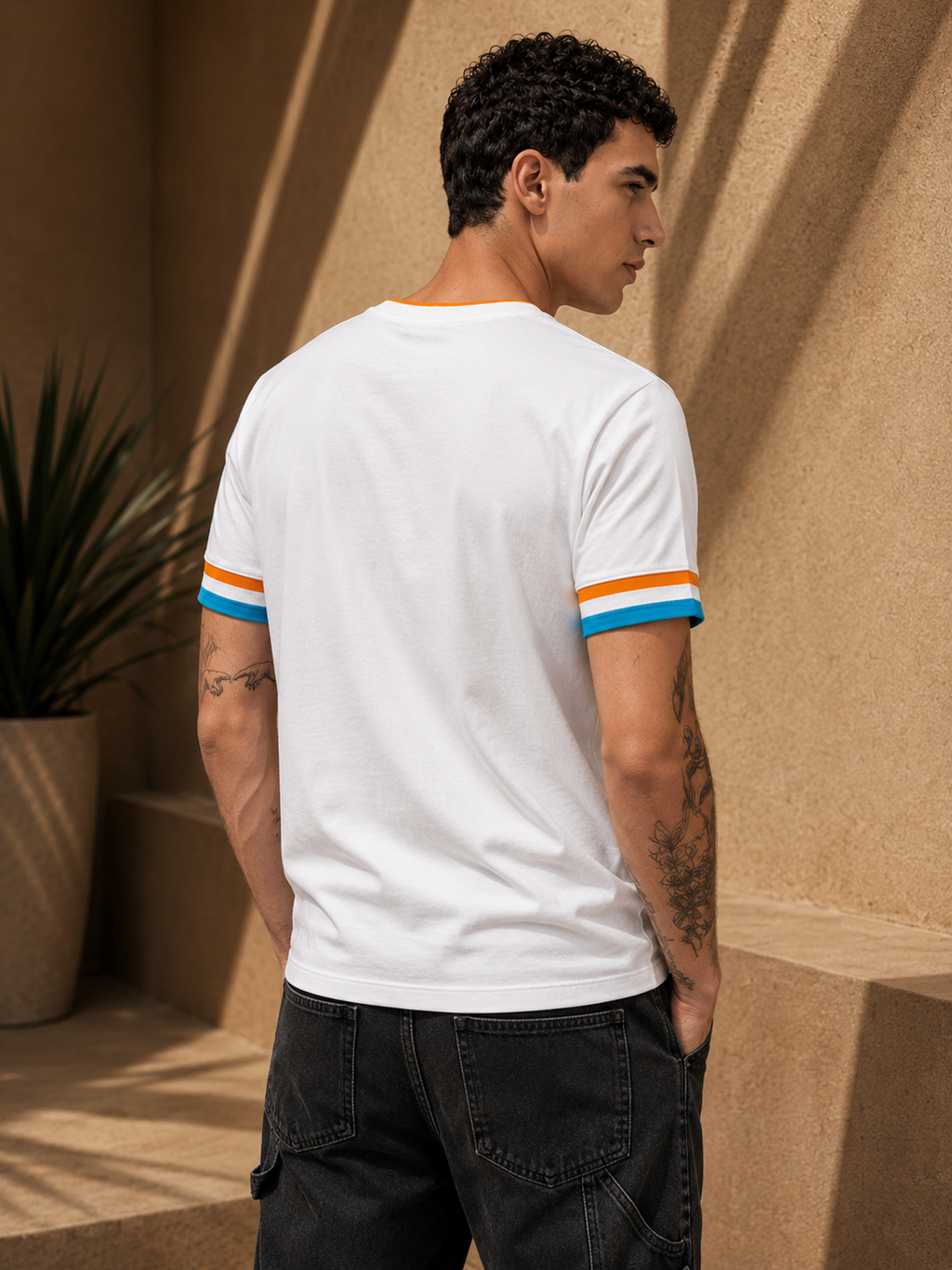 Mens Crew Neck Half Sleeve T-Shirt with Chest Print, Cuff, and Rib Detailing White