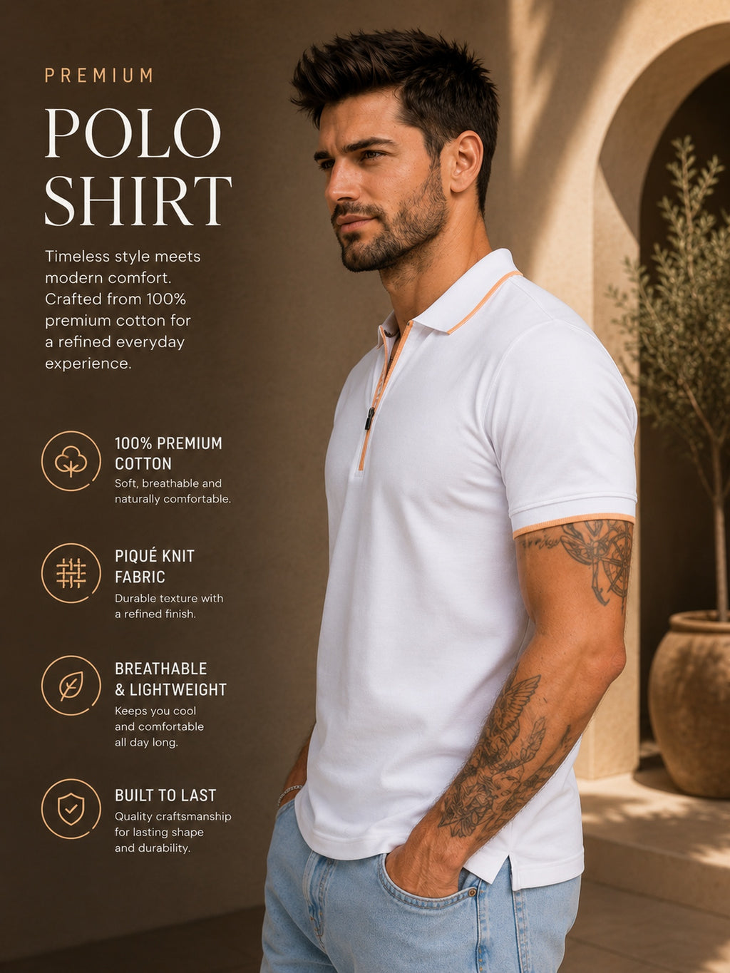 Mens Polo Neck Half Sleeve T-Shirt with Contrast Placket Print & Zipper White