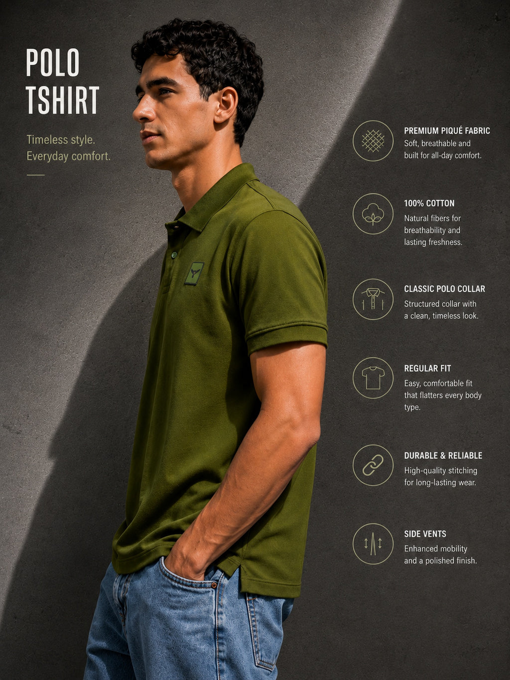 Mens Polo Neck Half Sleeve T-Shirt with Cut and Sew Contrast Sleeve Olive