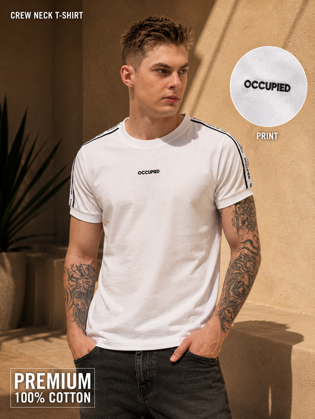 Mens Crew Neck Half Sleeve T-Shirt with  Chest Print White