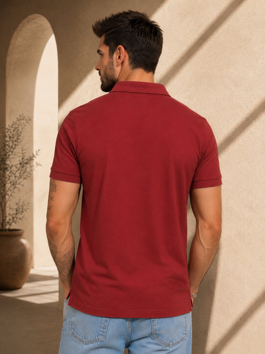 Mens Polo Neck Half Sleeve T-Shirt with Collar & Placket Fusing Maroon