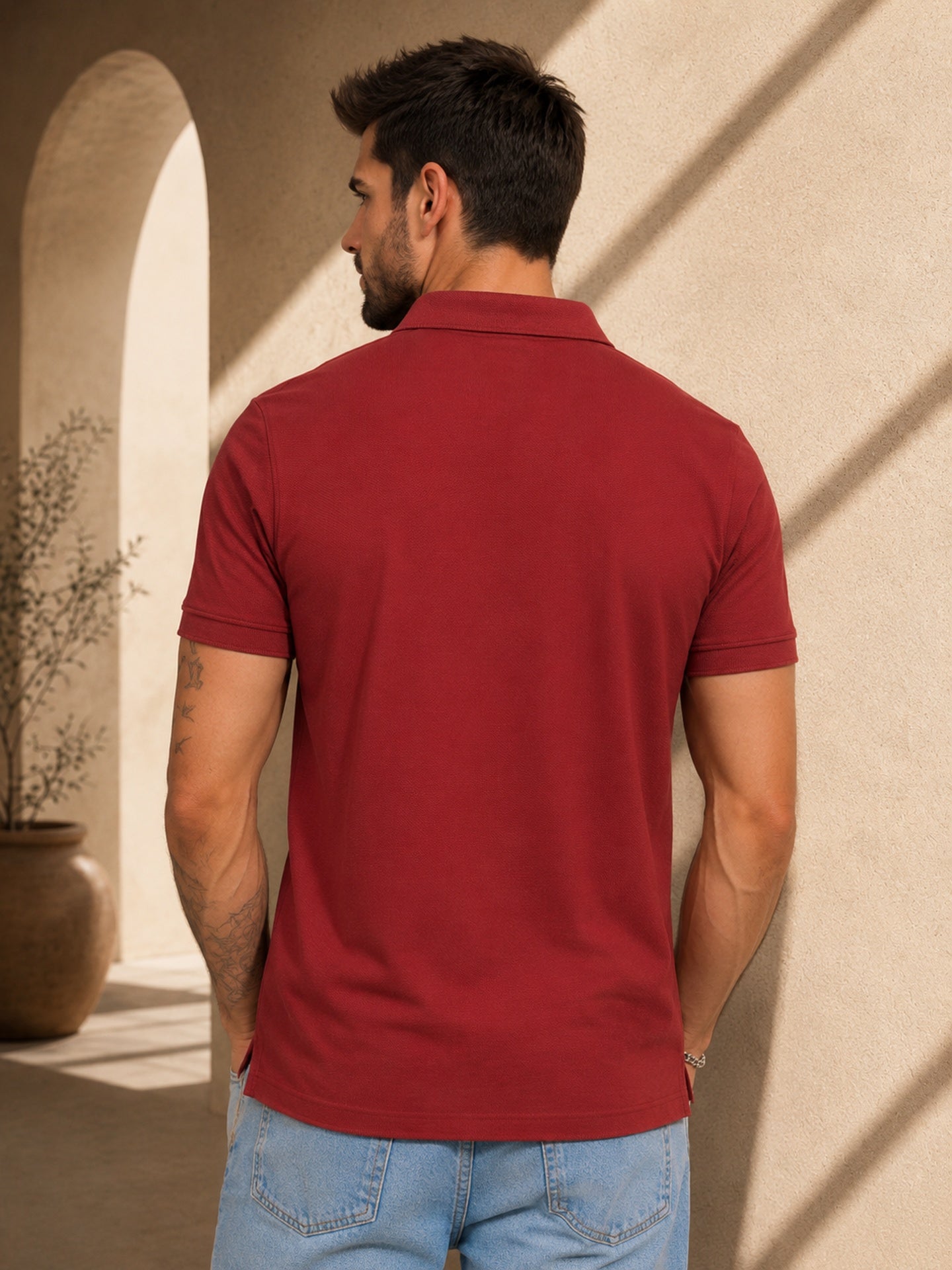 Mens Polo Neck Half Sleeve T-Shirt with Collar & Placket Fusing Maroon