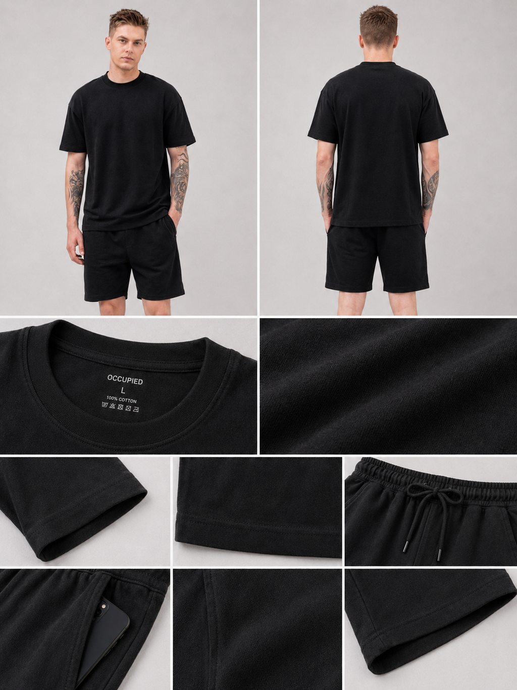 Mens Co-Ords Set with  Chest Print & Contrast Sleeve Black