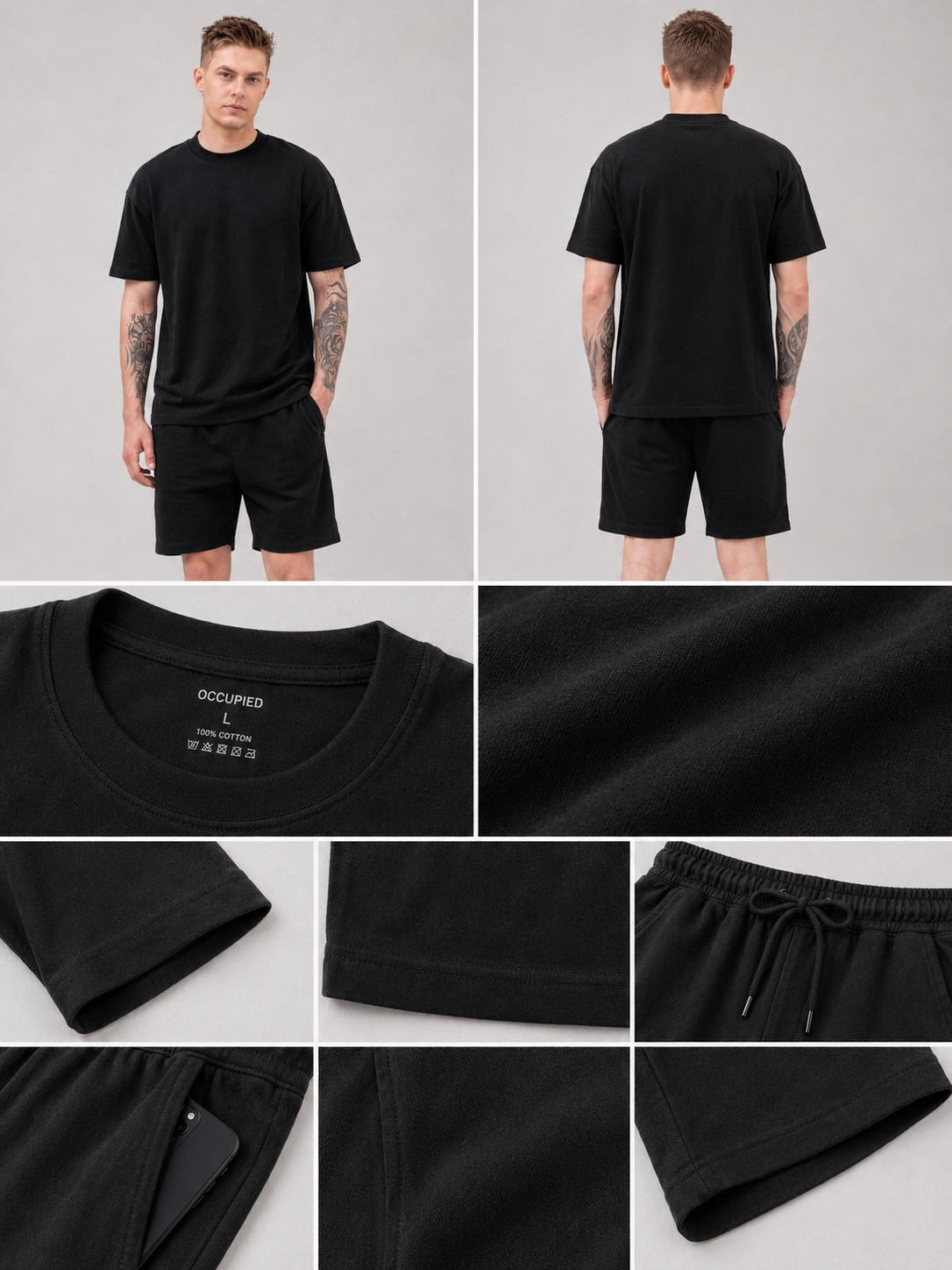 Mens Co-Ords Set with  Chest Print & Contrast Sleeve Black