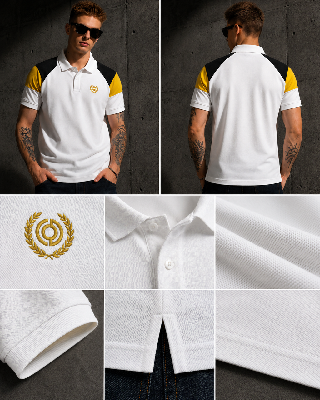 Mens Polo Neck Half Sleeve T-Shirt with  Chest Badge & Contrast Placket White