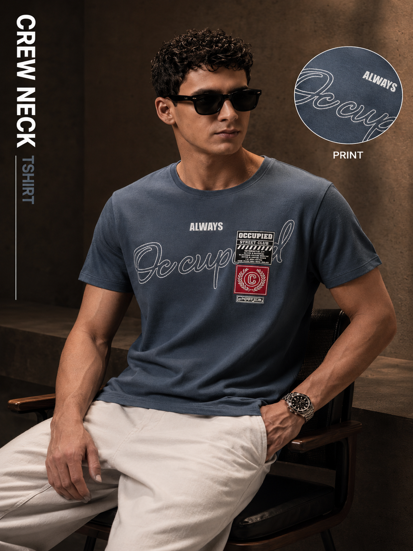 Mens Crew Neck Half Sleeve T-Shirt with Chest Print & Woven Badge Grey