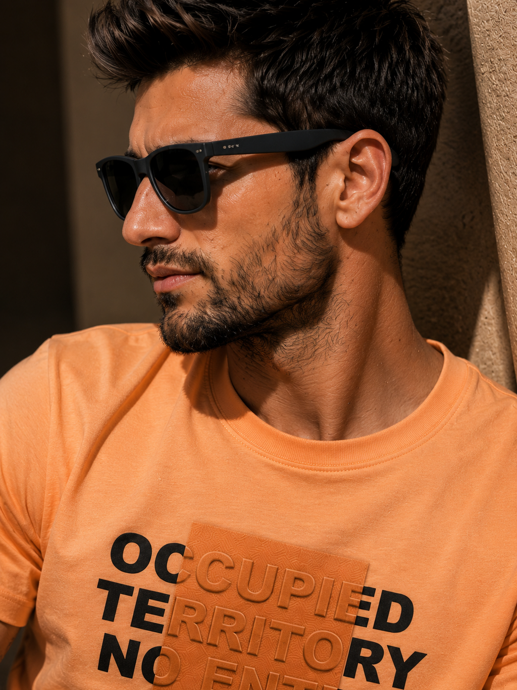 Mens Crew Neck Half Sleeve T-Shirt with Chest Print & Puff Effect Orange