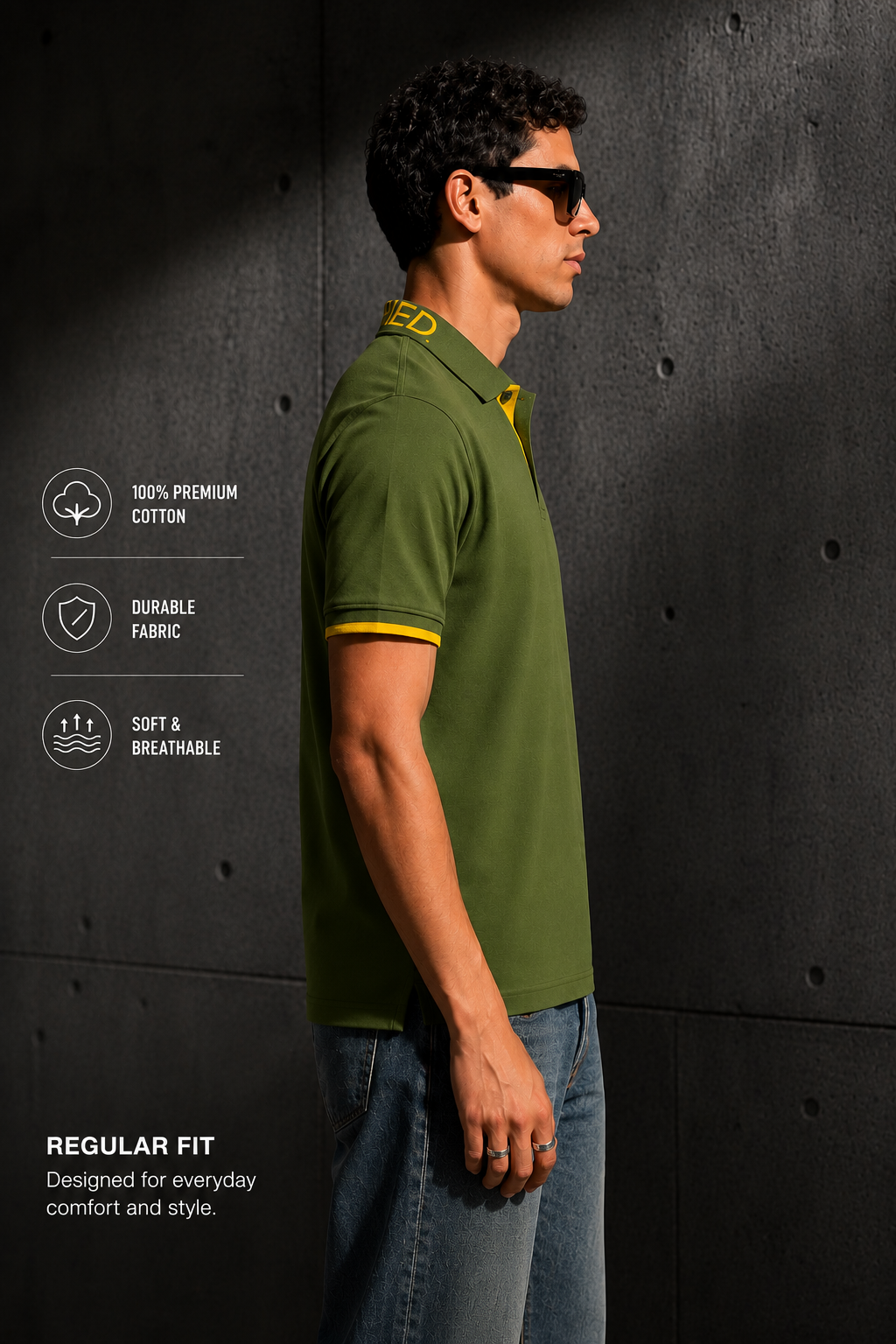 Mens Polo Neck Half Sleeve T-Shirt with  Chest Badge & Contrast Placket Olive