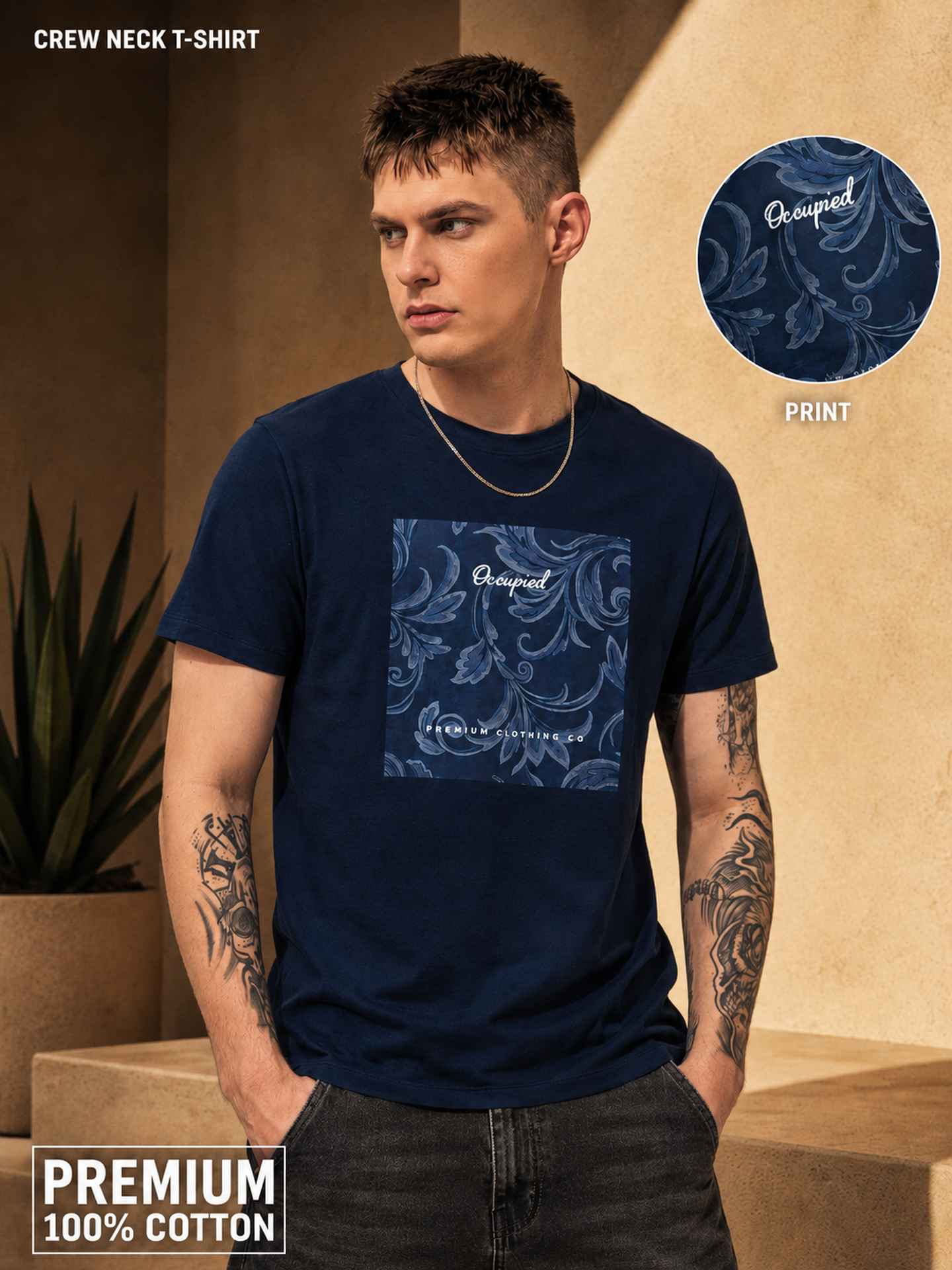 Mens Crew Neck Half Sleeve T-Shirt with  Chest Print Navy Blue