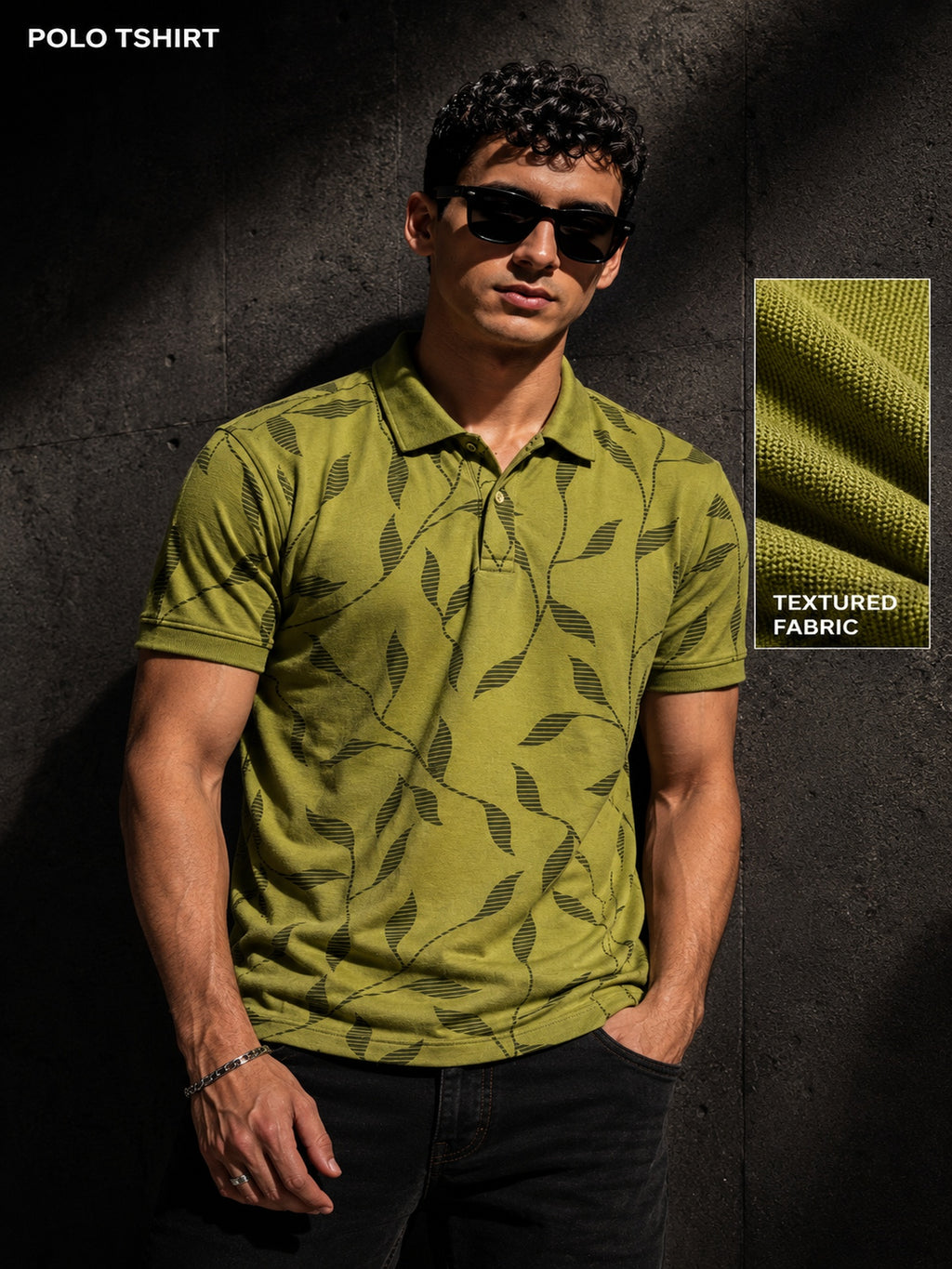 Mens Polo Neck Half Sleeve Printed T-Shirt with All Over Print Olive