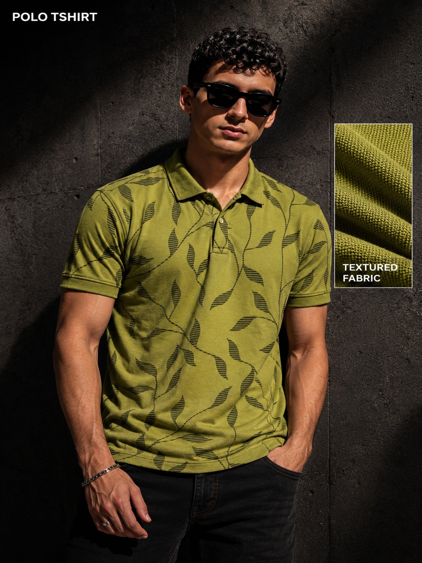 Mens Polo Neck Half Sleeve Printed T-Shirt with All Over Print Olive
