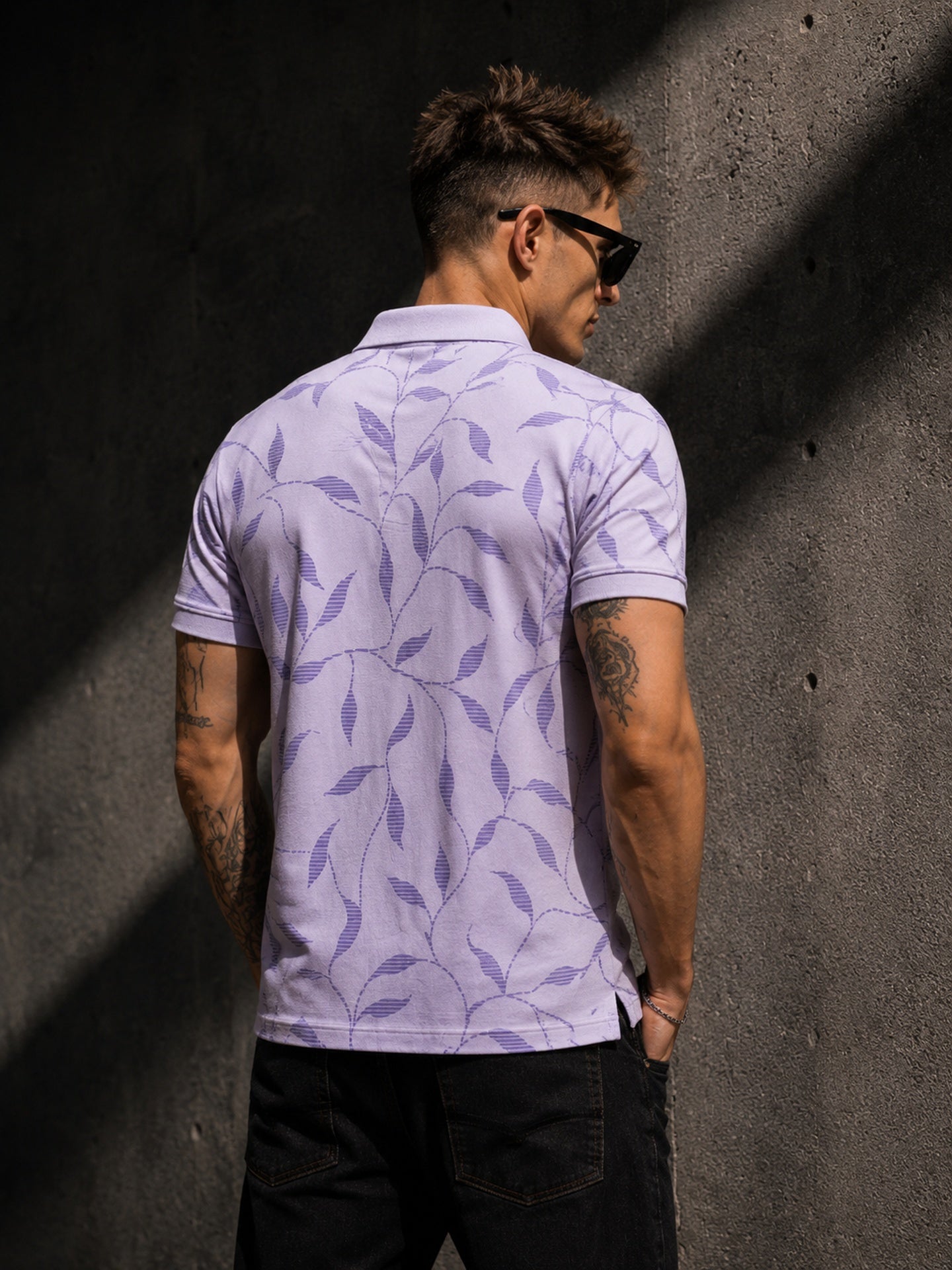 Mens Polo Neck Half Sleeve Printed T-Shirt with All Over Print Purple