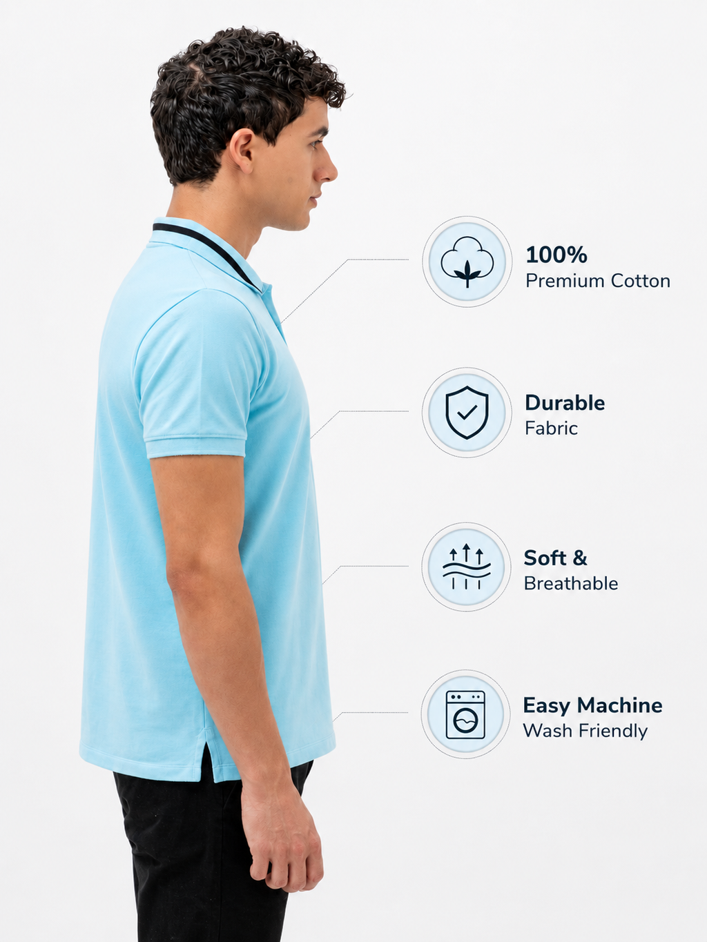 Mens Polo Neck Half Sleeve T-Shirt with Chest Embroidery & Badge Stone Blue