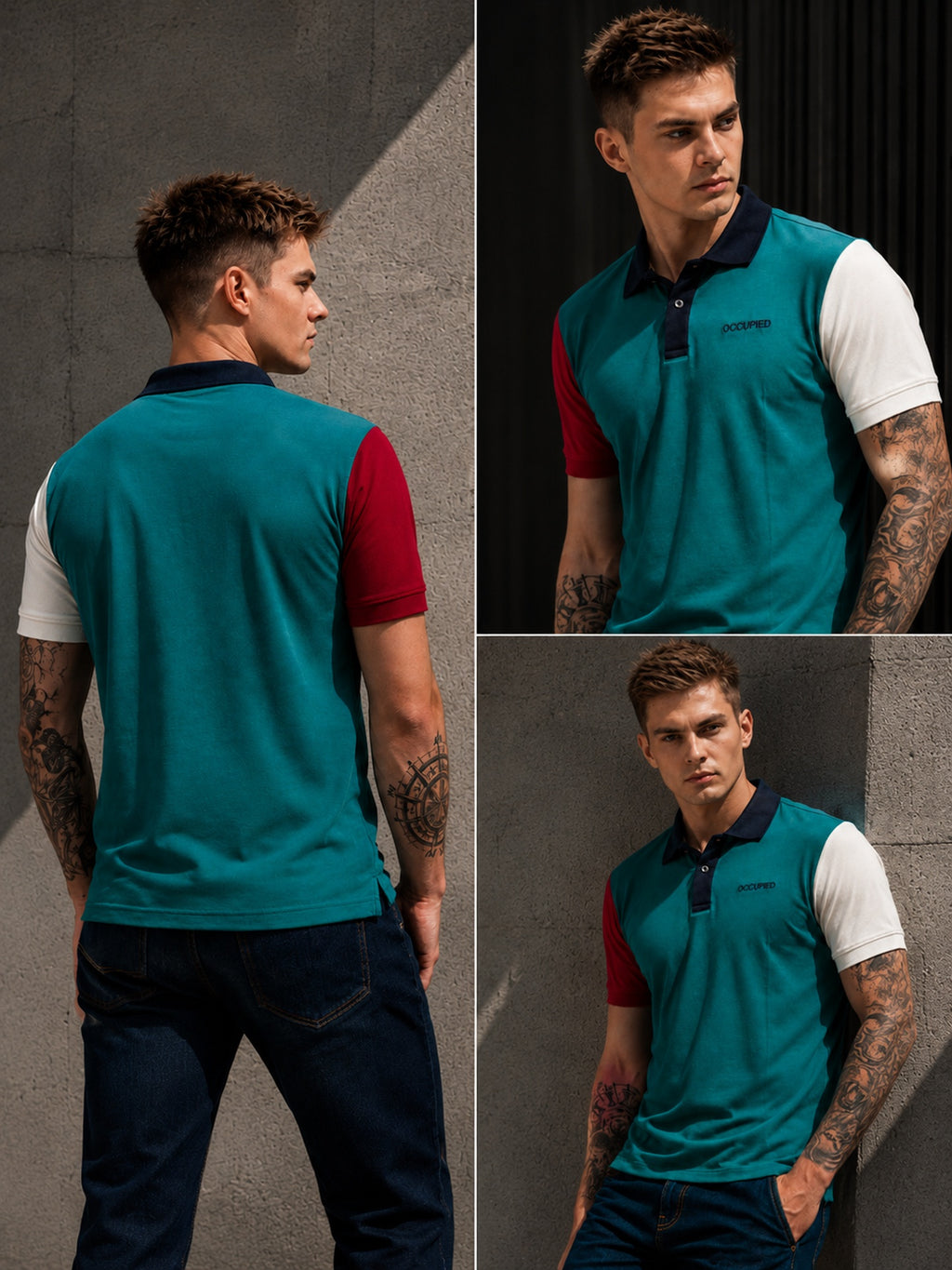 Mens Polo Neck Half Sleeve T-Shirt with Cut and Sew Contrast Sleeve Multicolor