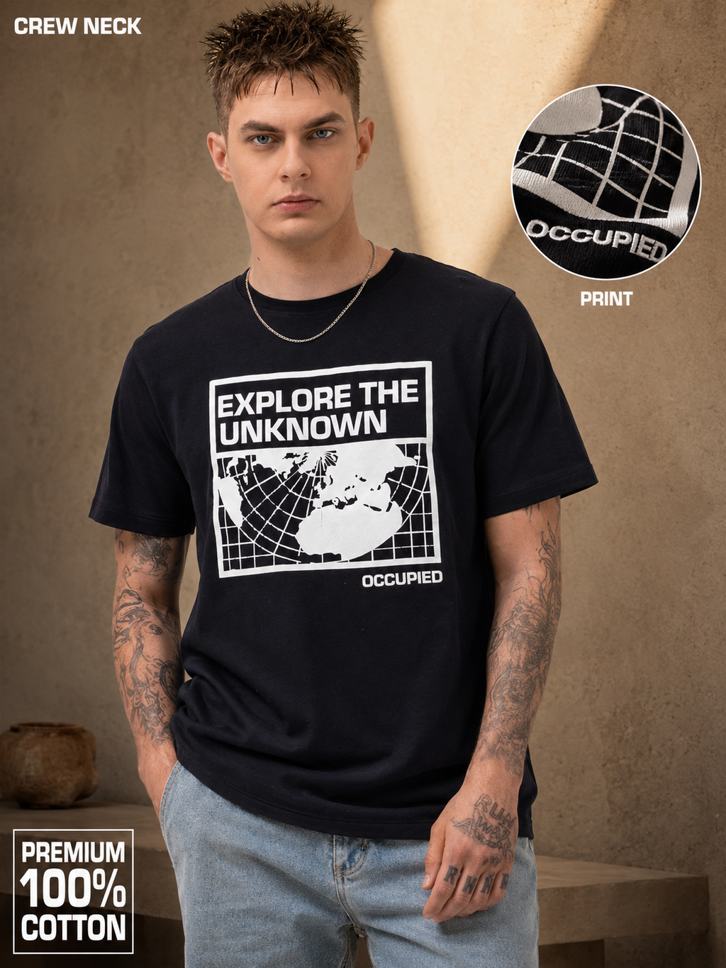 Mens Crew Neck Half Sleeve T-Shirt with Chest Print Black