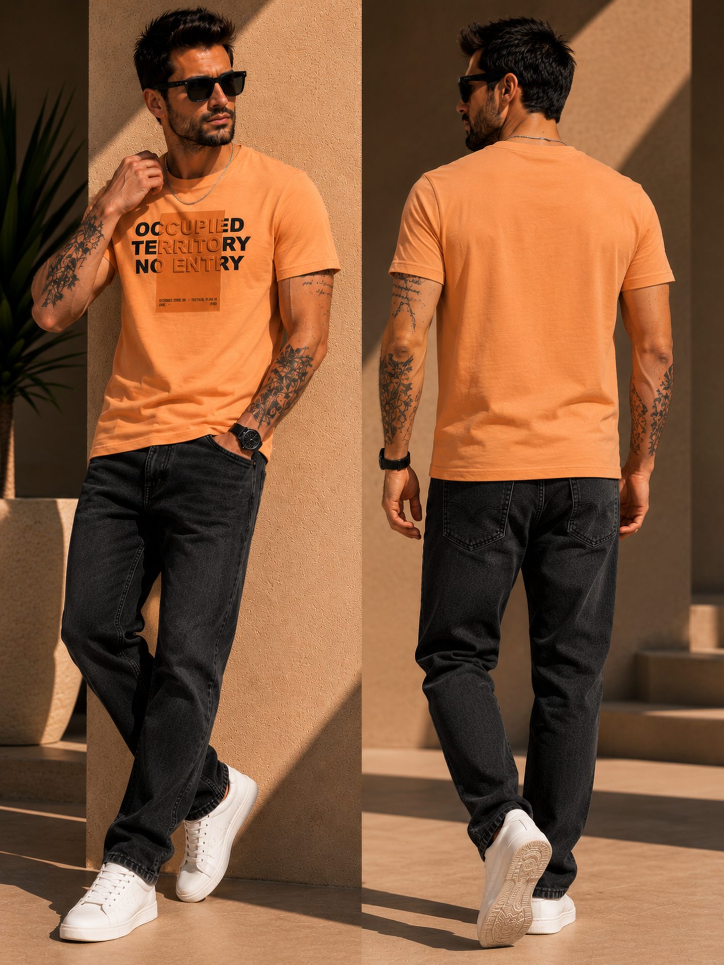 Mens Crew Neck Half Sleeve T-Shirt with Chest Print & Puff Effect Orange