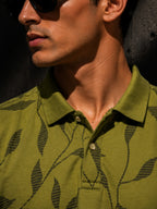 Mens Polo Neck Half Sleeve Printed T-Shirt with All Over Print Olive