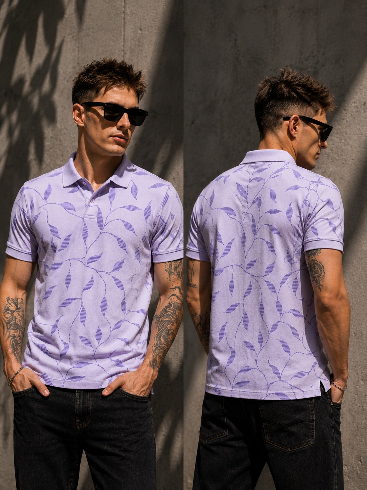 Mens Polo Neck Half Sleeve Printed T-Shirt with All Over Print Purple