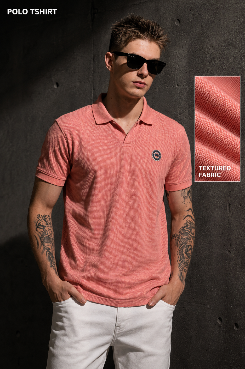 Mens Polo Neck Half Sleeve T-Shirt with Open Placket & HD Badge Pink