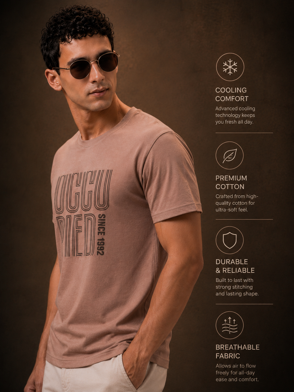 Mens Crew Neck Half Sleeve T-Shirt with Chest Print Brown
