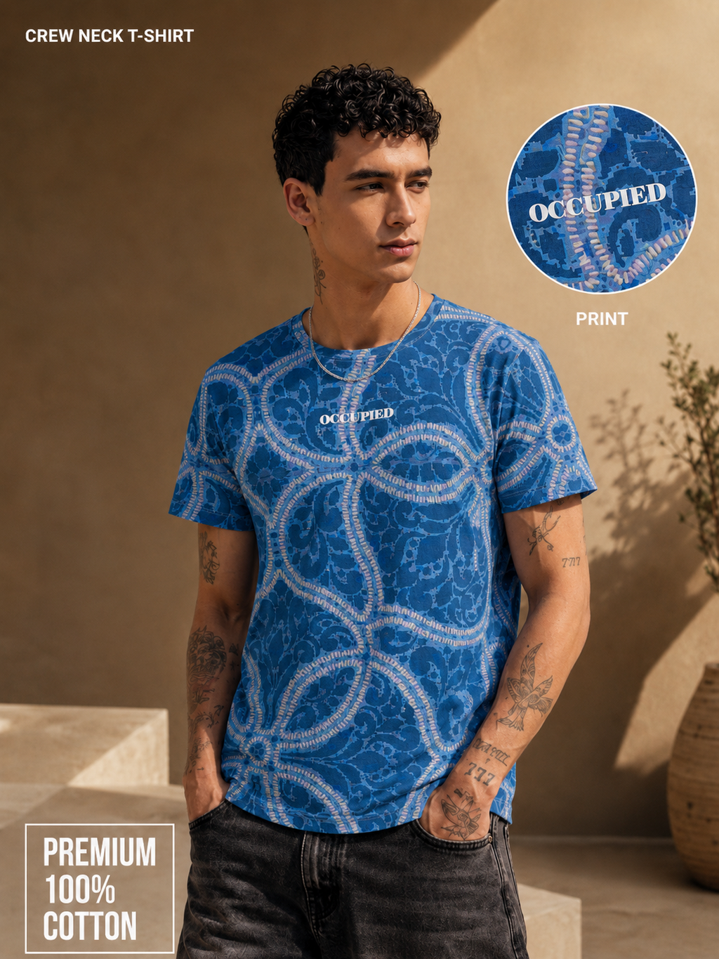 Mens Crew Neck Half Sleeve T-Shirt with Chest Print Blue