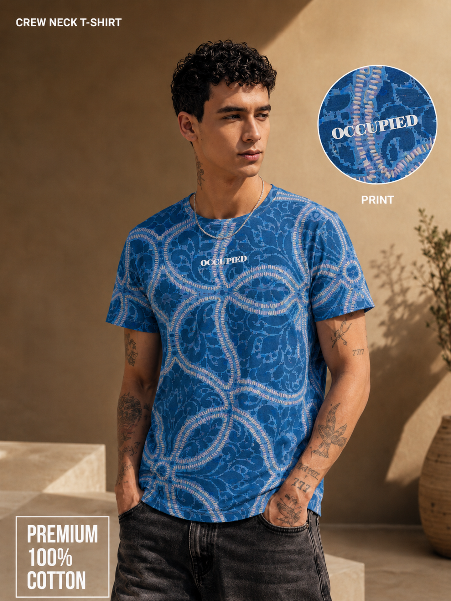 Mens Crew Neck Half Sleeve T-Shirt with Chest Print Blue