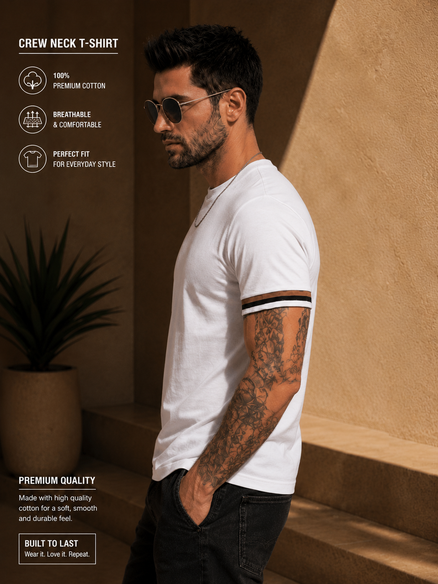 Mens Crew Neck Half Sleeve Solid T-Shirt with Contrast Cuff & Rib White