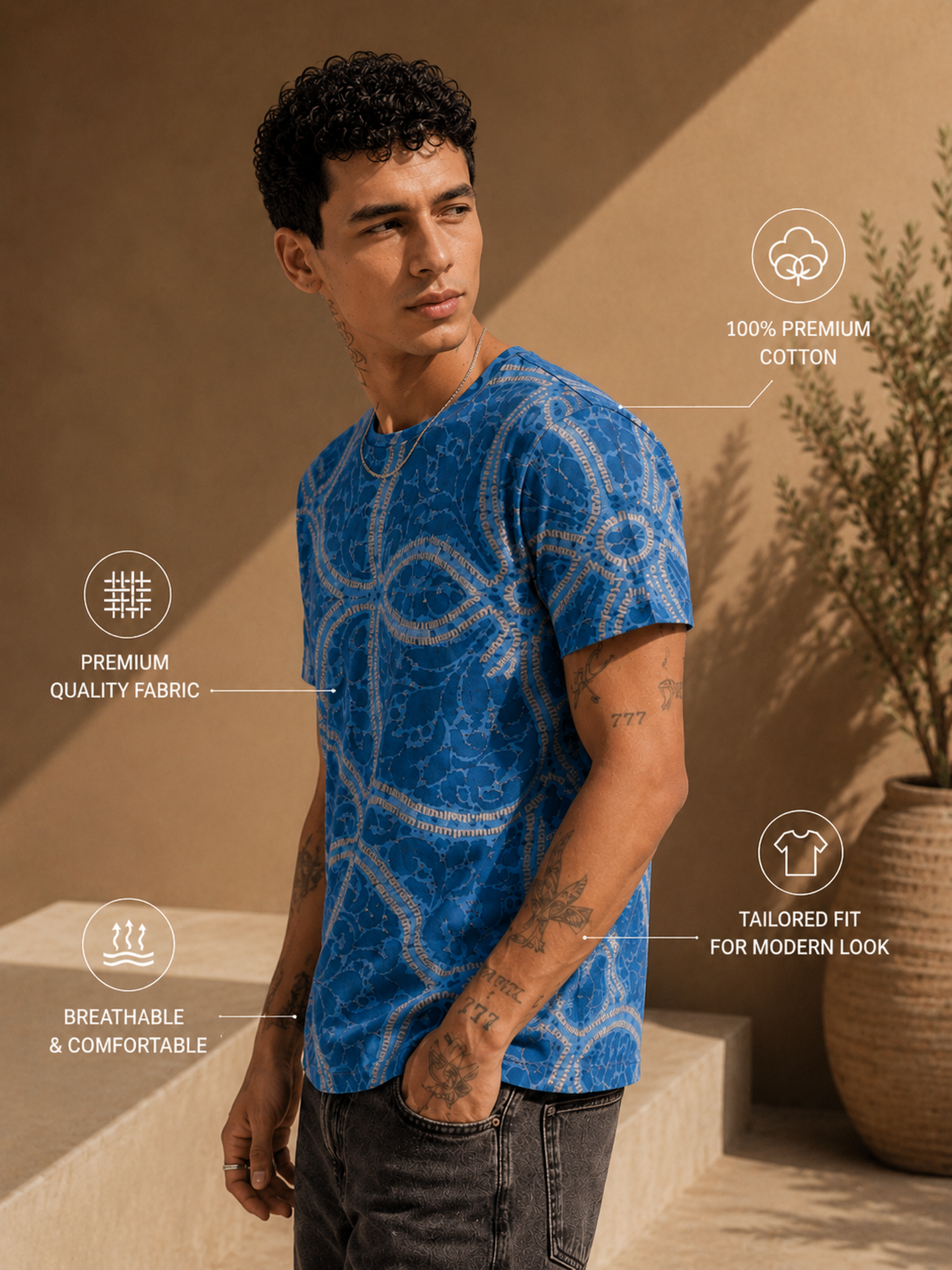 Mens Crew Neck Half Sleeve T-Shirt with Chest Print Blue
