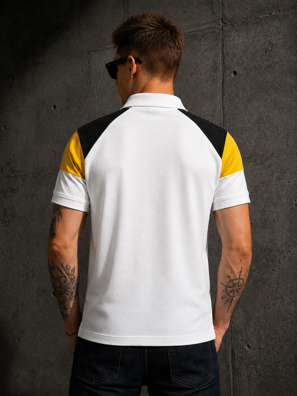 Mens Polo Neck Half Sleeve T-Shirt with  Chest Badge & Contrast Placket White