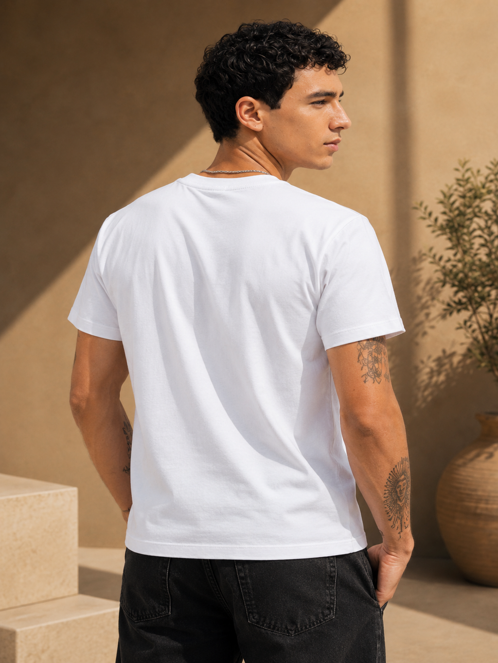 Mens Crew Neck Half Sleeve T-Shirt with Chest Print & Puff Effect White