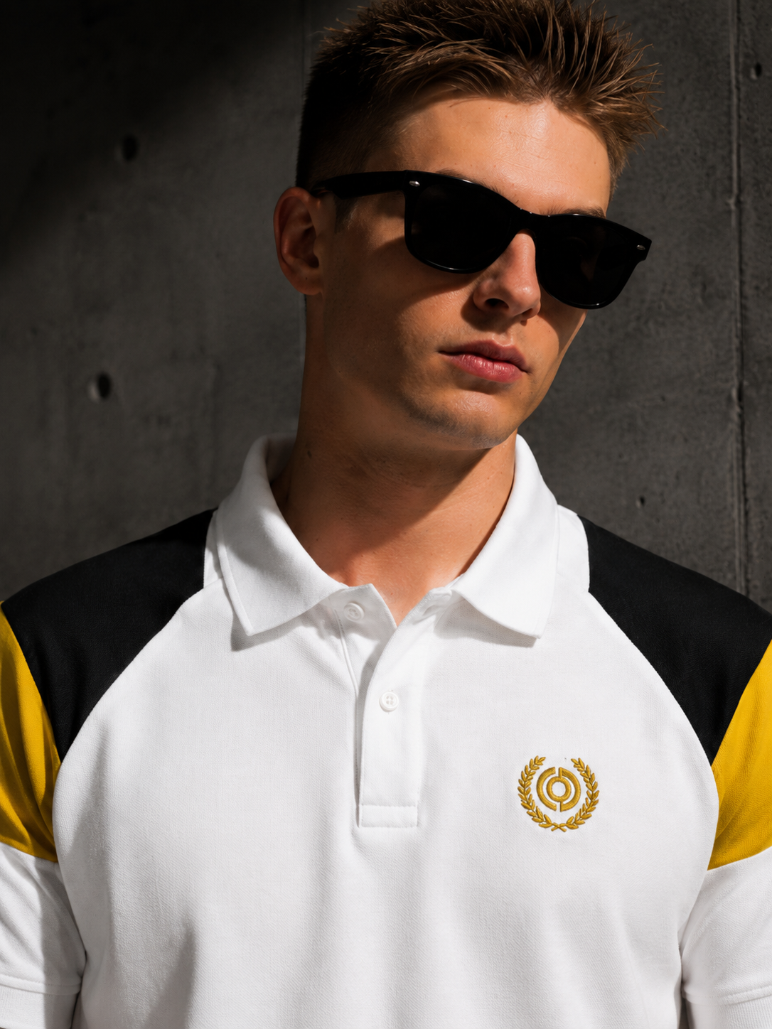 Mens Polo Neck Half Sleeve T-Shirt with  Chest Badge & Contrast Placket White