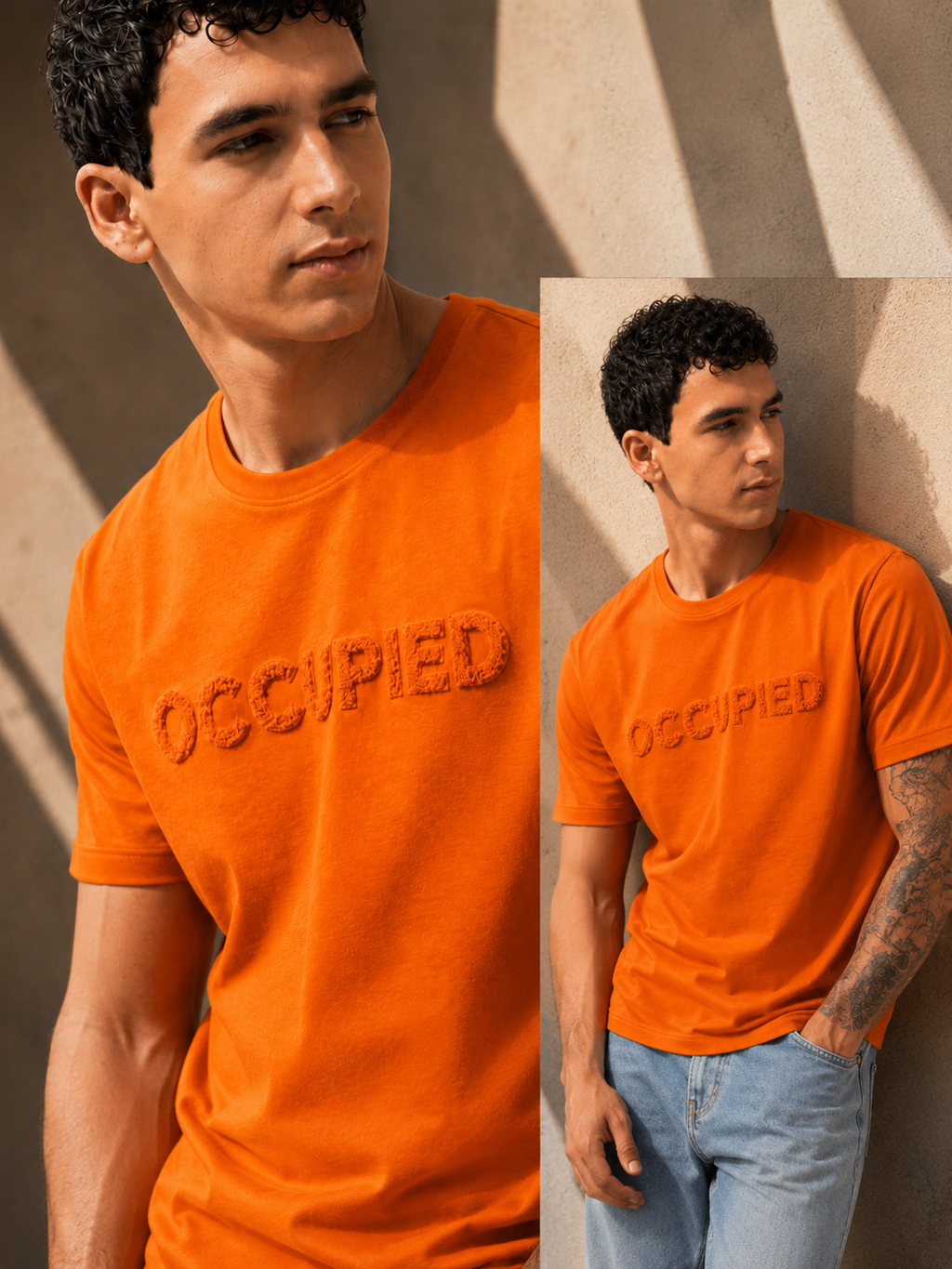 Mens Crew Neck Half Sleeve T-Shirt with Chenille Embroidery Orange