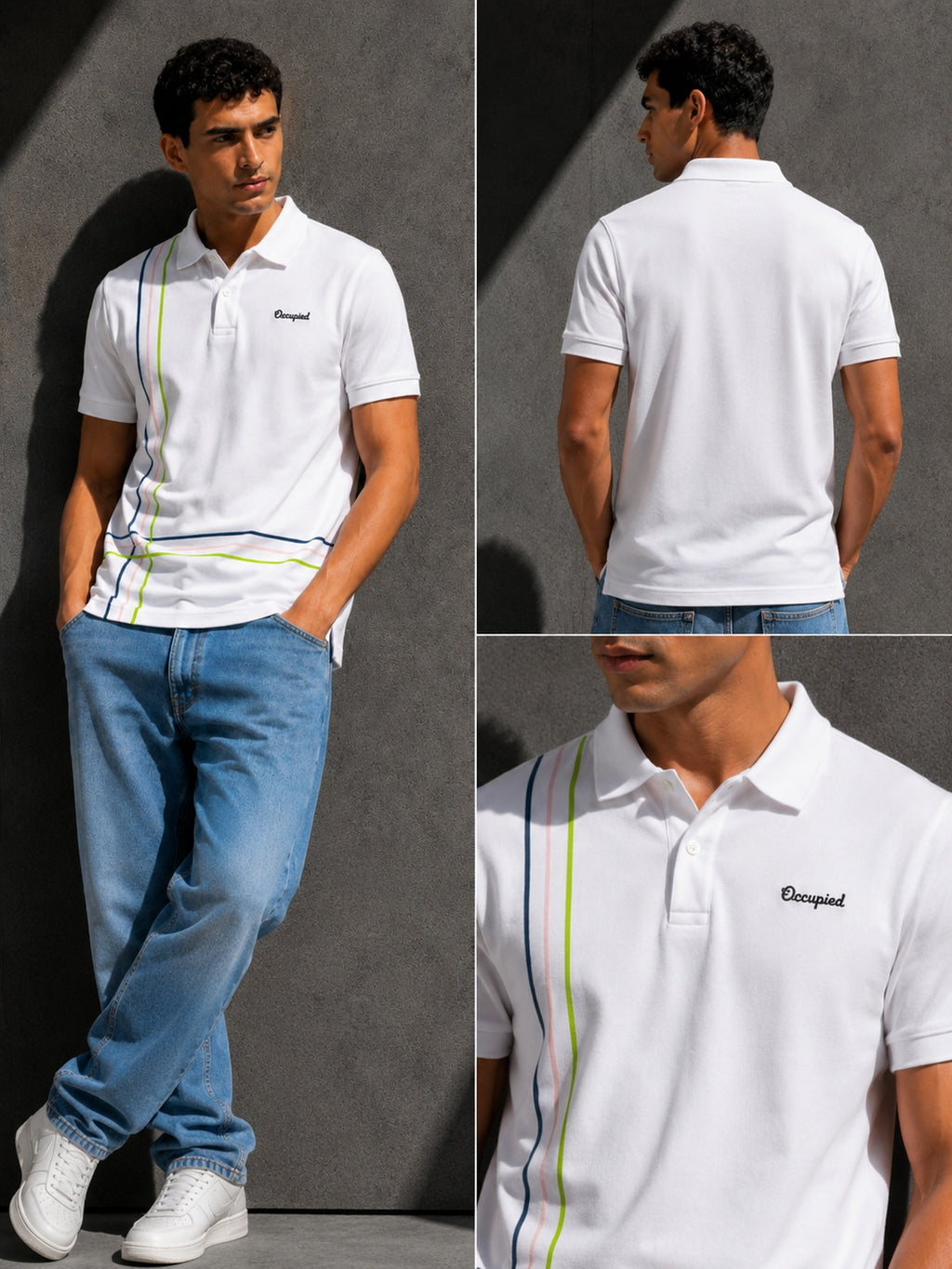 Mens Polo Neck Half Sleeve T-Shirt with Cut and Sew Contrast Sleeve White